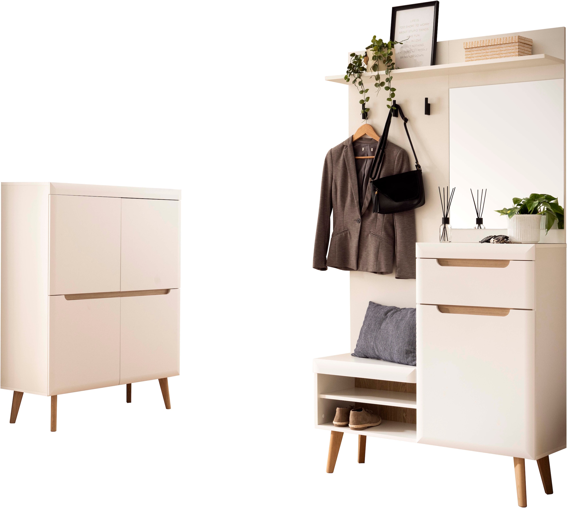 Home affaire Garderoben-Set »Torge, Garderobe mit Stauraum, Garderobenschrank im Scandic Design«, (Set, 2 St.), enthält Highboard und Garderobe mit Spiegel, in zwei Farben
