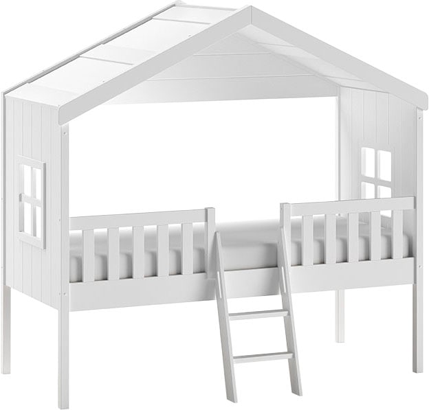 Vipack Hausbett »Kiefer massiv weiß lackiert, Made in Europe, stabil gebaut« B/H/T ca. 213x201,8cm, wahlweise mit und ohne Rutsche,  mit Leiter, seitliche Fenster, Rolllattenrost und Absturzschutz