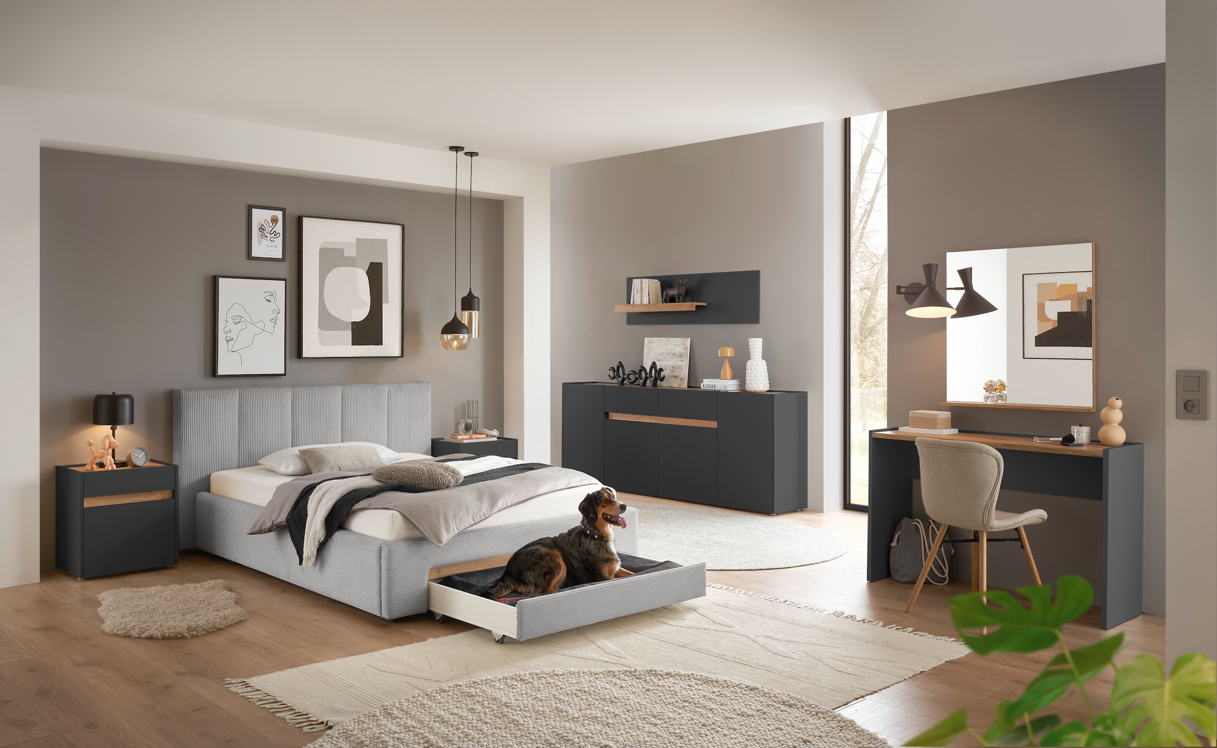 INOSIGN Polsterbett »CiTY/GiRON, Bettgestell mit Bettkasten, gepolstertes Stauraumbett«, mit Hundebett oder Stauraumschublade, Bezug Cord-oder Leinenoptik