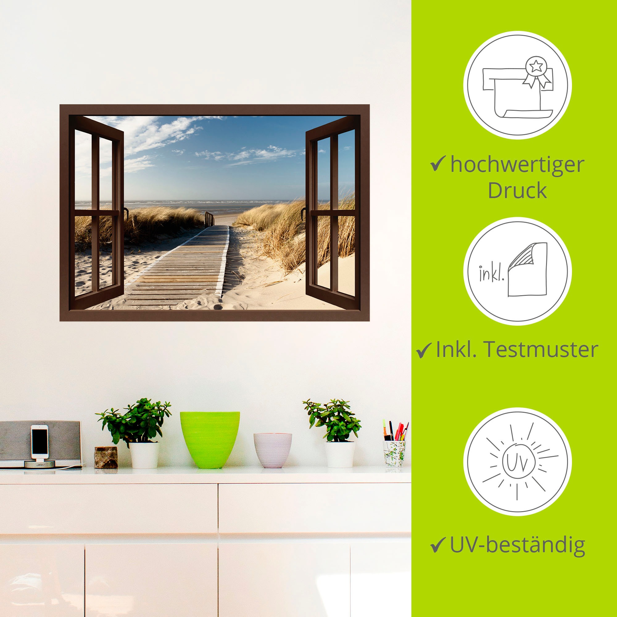 Artland Wandbild »Fensterblick Nordseestrand auf Langeoog«, Fensterblick, (1 St.), als Leinwandbild, Poster, Wandaufkleber in verschied. Größen