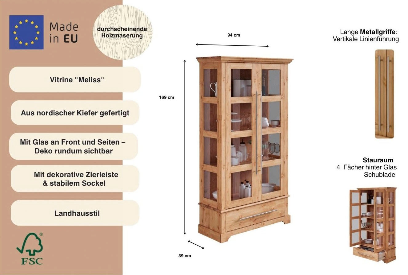 Home affaire Vitrine »Meliss« Höhe 169 cm, Breite 94 cm, 2-türig, Kiefer massiv, FSC®
