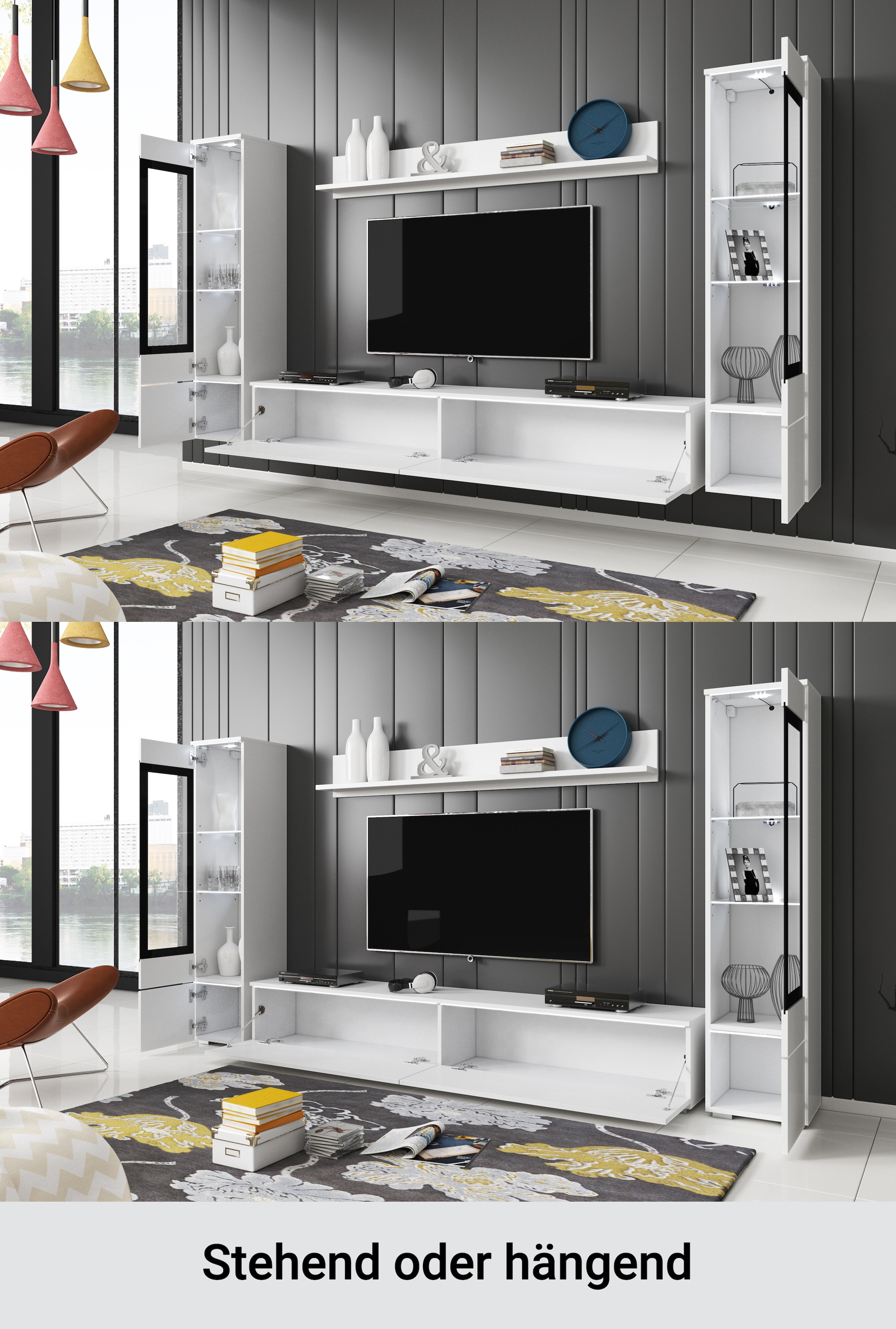 INOSIGN Wohnwand »VERA II« Komplett-Set, 4 Stk. tlg. Mediawand 260 cm, Vitrine mit Verglasung, stehend und hängend