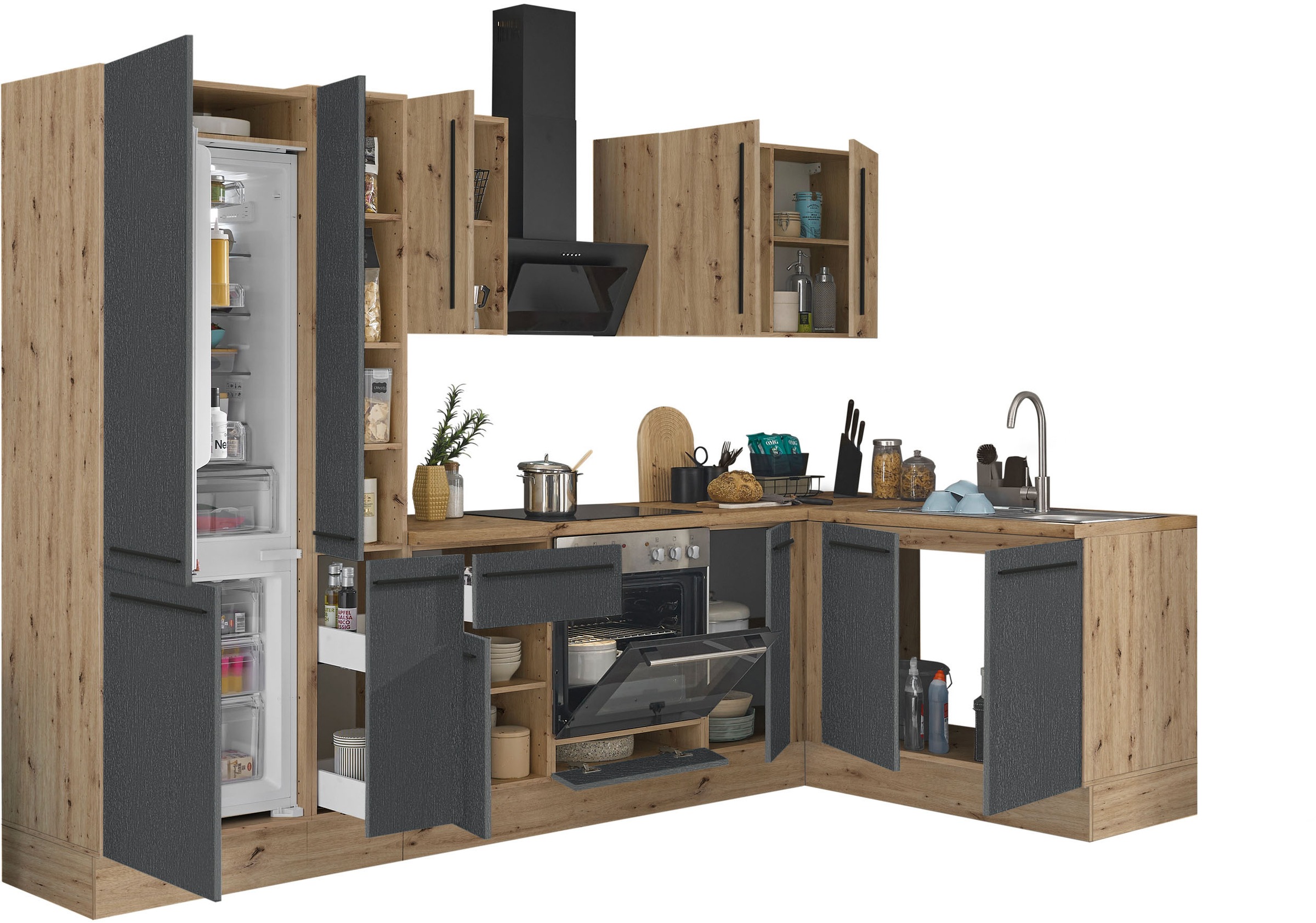 KOCHSTATION Winkelküche »Florida, Stellbreite 300x165 cm« wahlweise mit E-Geräten, mit Softclose für Türen und Schubkästen