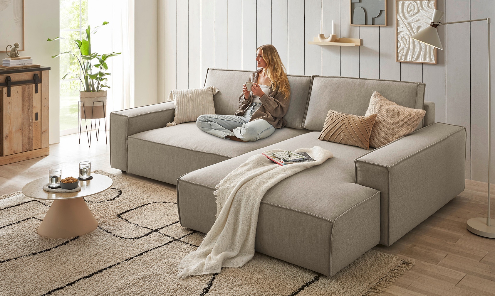 Home affaire Ecksofa »NEU: SHERWOOD XXL 284, Big-Sofa L-Form, tiefe Sitzfläche 95 cm, Cord«, Recamiere rechts/links, als Schlafsofa stellbar, Cord u. Leinenoptik