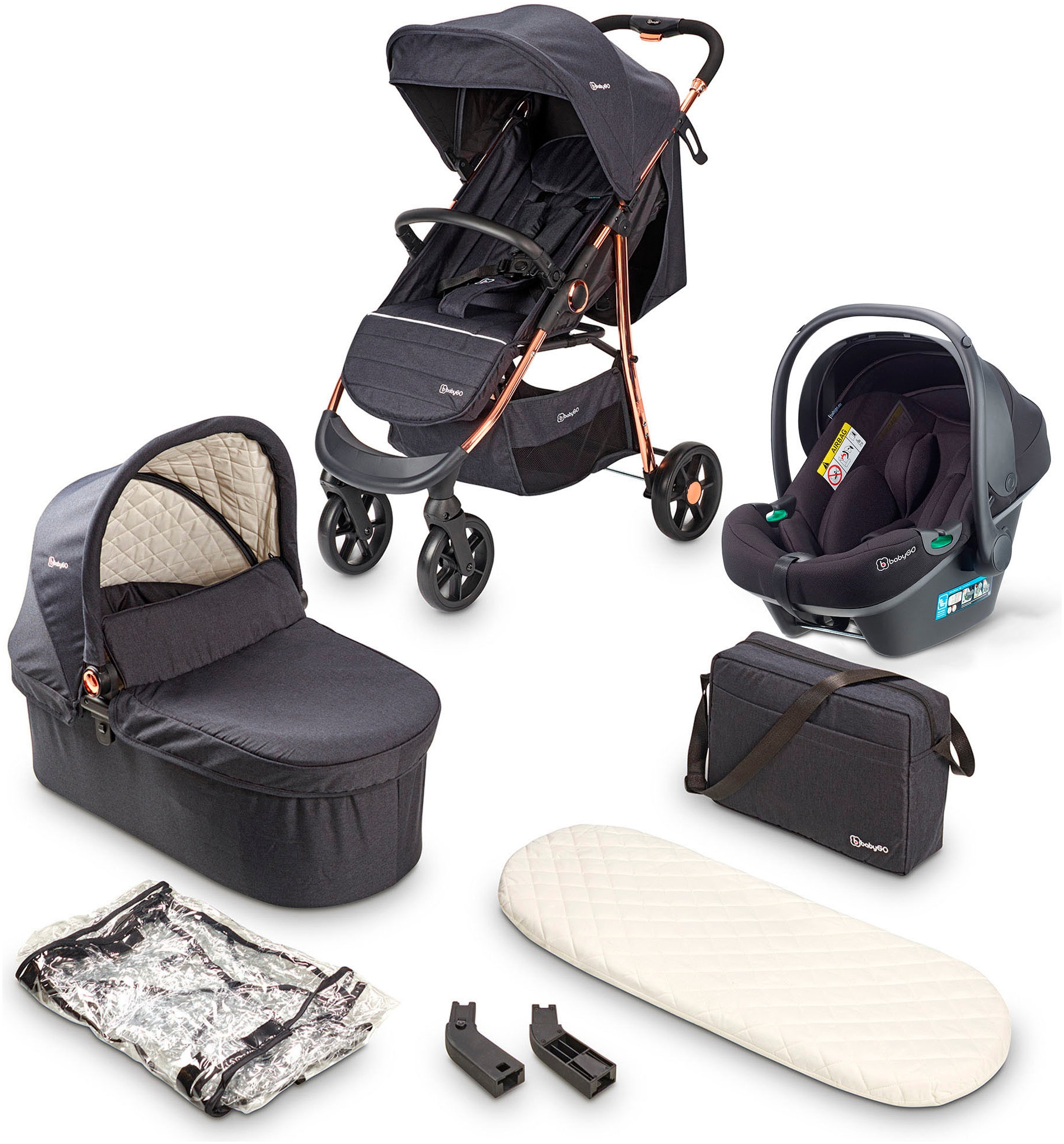 BabyGo Kombi-Kinderwagen »Style - 3in1, rosegold/black«, inkl. Babyschale mit Adaptern u. Wickeltasche