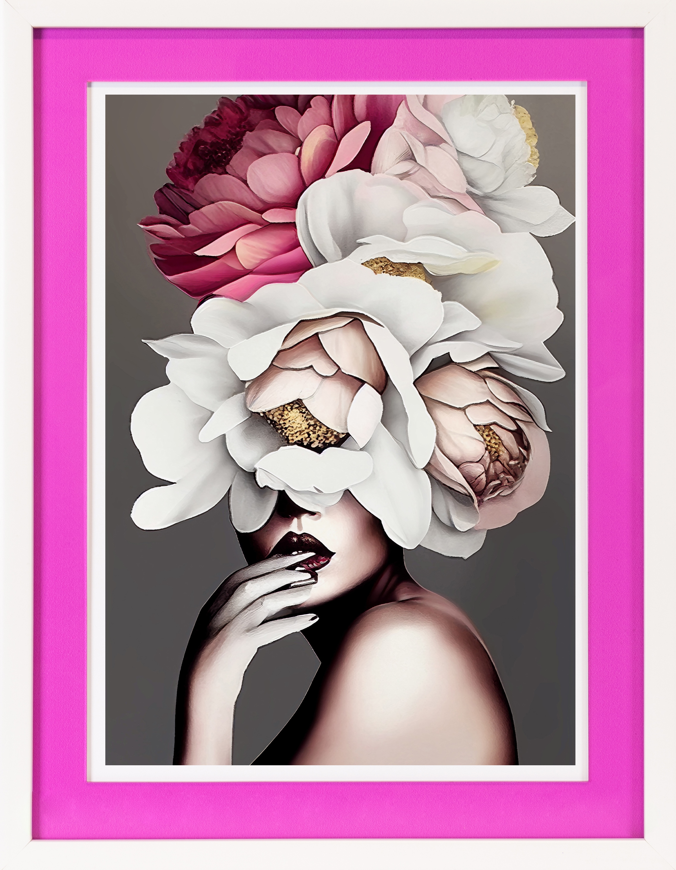 queence Bild mit Rahmen »Frau mit Hut aus Blumen«, Bilder von Frauen-Blumen-Blumenbilder-Frau-Kunst, (1 St.), Poster mit buntem Acrylglas Passepartout