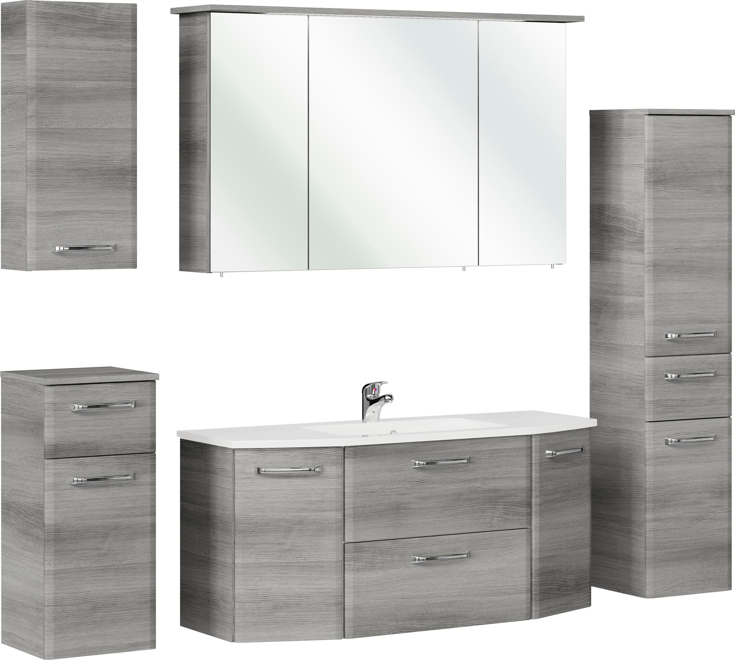 Saphir Badmöbel-Set »Quickset 5-teilig, Mineralmarmor-Waschtisch und LED-Spiegelschrank«, (6 St.), Midischrank, Unterschrank, Hängeschrank, inkl. Türdämpfer