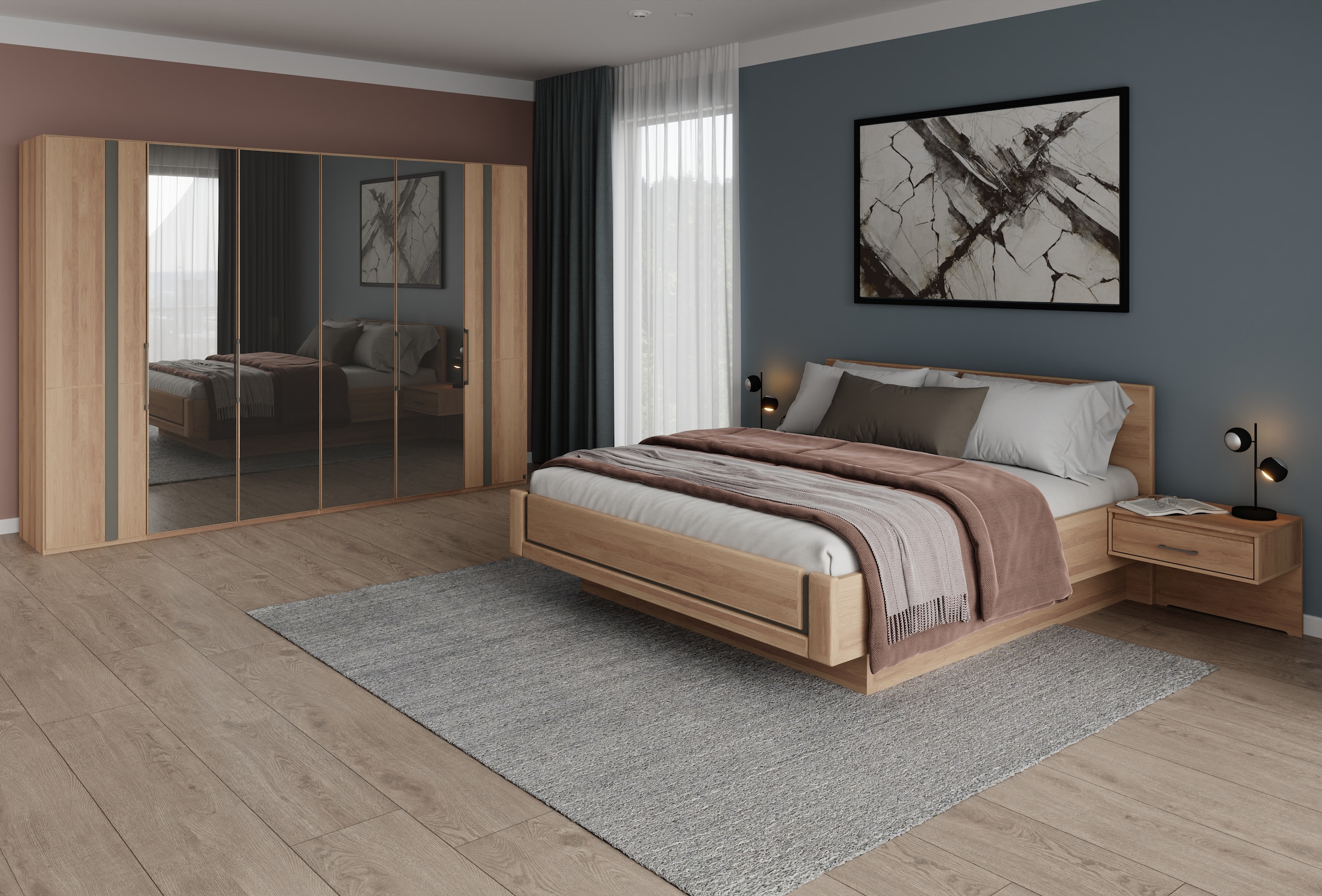 Musterring Schlafzimmer-Set »Sorrent, Kleiderschrank, Bett & Nachtkommoden, teilmassiv Eiche«, (2er-Set Nachtschränke, Drehtürenschrank 300 cm, Bett 180x200 cm), Bett schwebende Optik, Eiche teilmassiv, Spiegeltüren in Parsol-Bronze