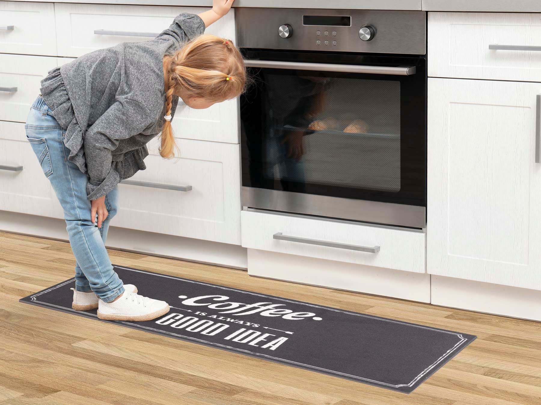 Primaflor-Ideen in Textil Küchenläufer »GOOD IDEA, Made in Belgium«, rechteckig, 6,5 mm Höhe, mit Schriftzug, rutschhemmend, waschbar, Küche
