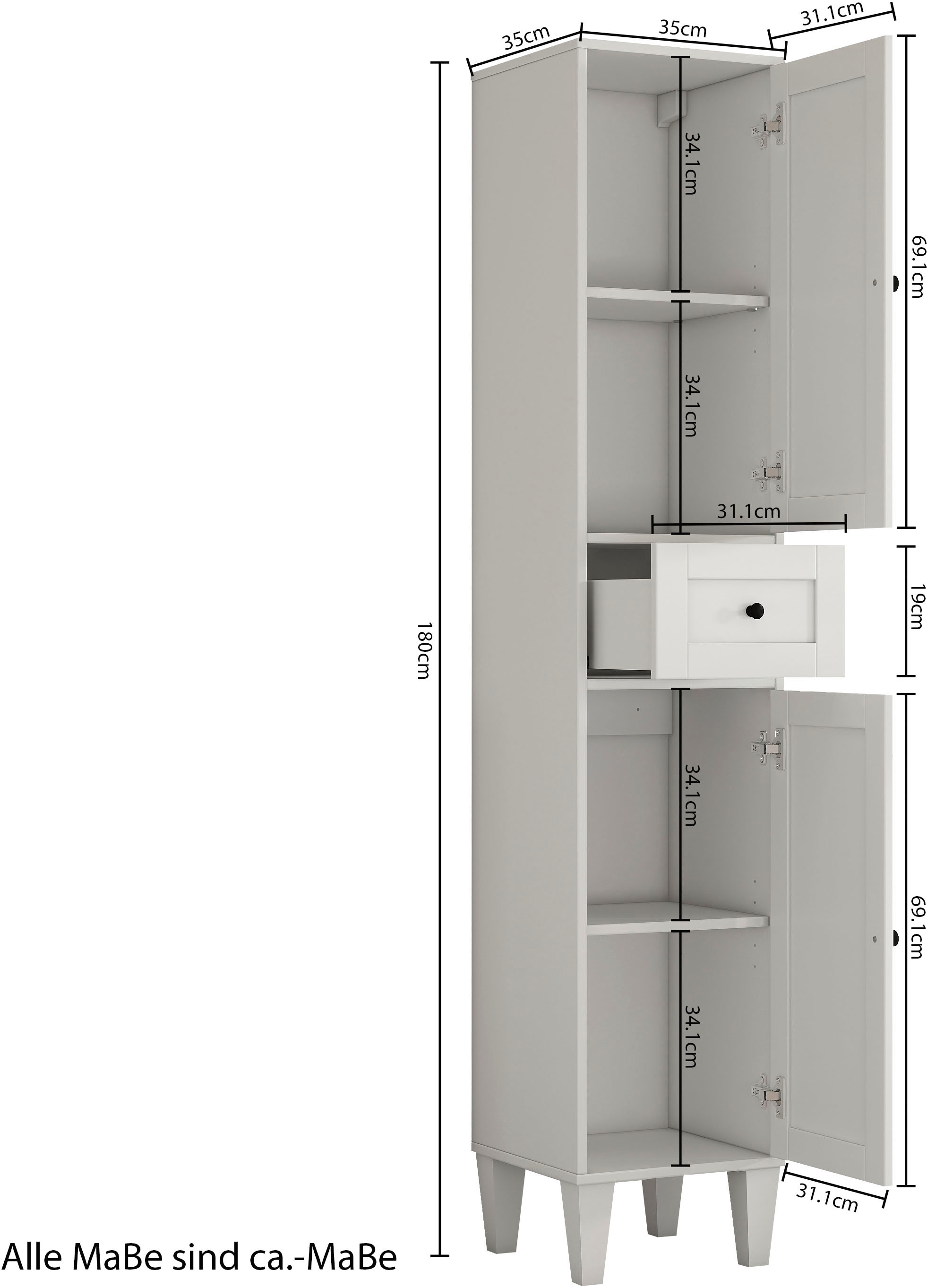 welltime Hochschrank »AMSTERDAM« Badschrank Breite 35cm, 2 Türen und 1 Auszug
