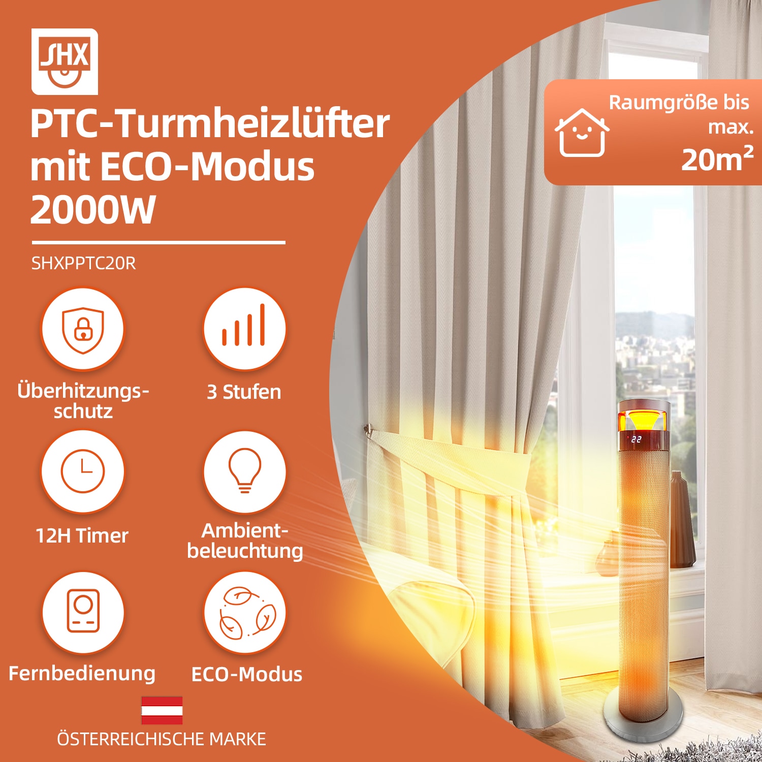 SHX Heizlüfter, 2000 W, ECO-Modus, zwei Lüftermotoren, Display, LED-Licht