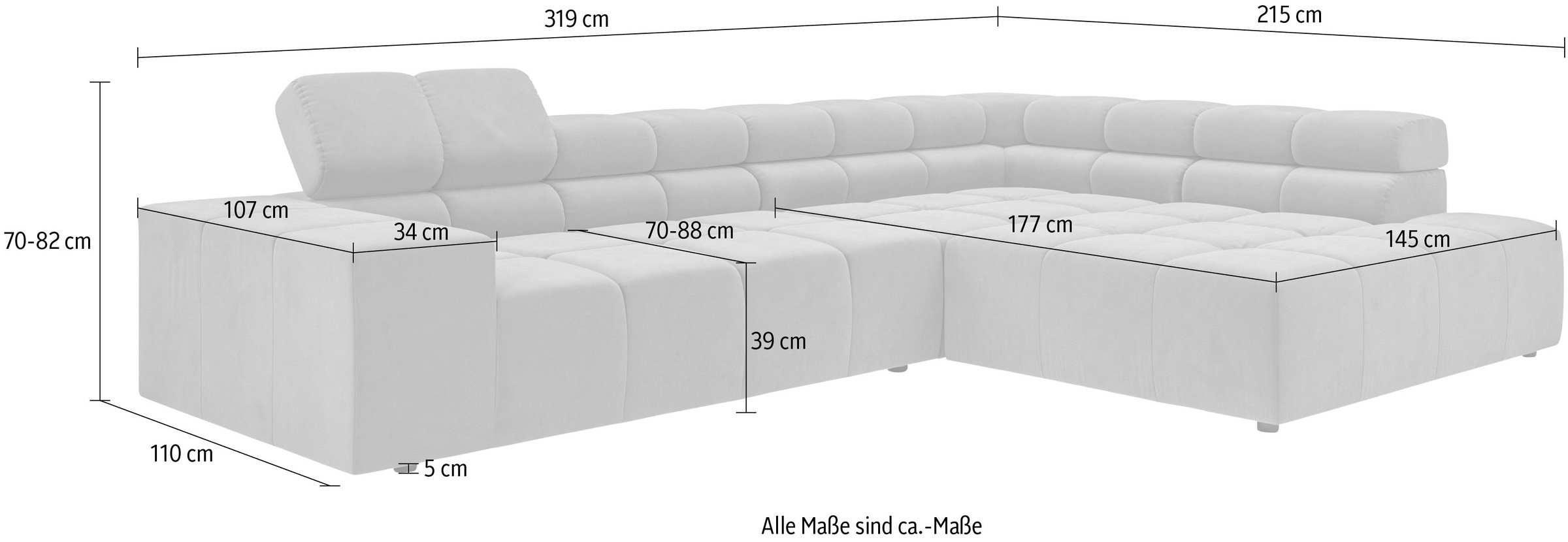 INOSIGN Ecksofa »Ancona incl. Kopfteilverstellung, Zierkissen Breite 319cm, L-Form«, wahlweise motorische Sitztiefenverstellung, auch in Cord + Easy Care