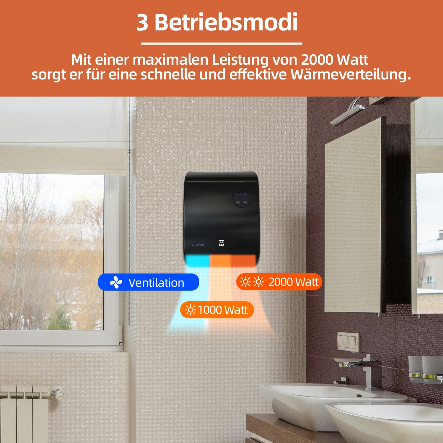 SHX Heizlüfter, 2000 W, IPX2, Display, Timer, Türaufhängung, Fernbedienung