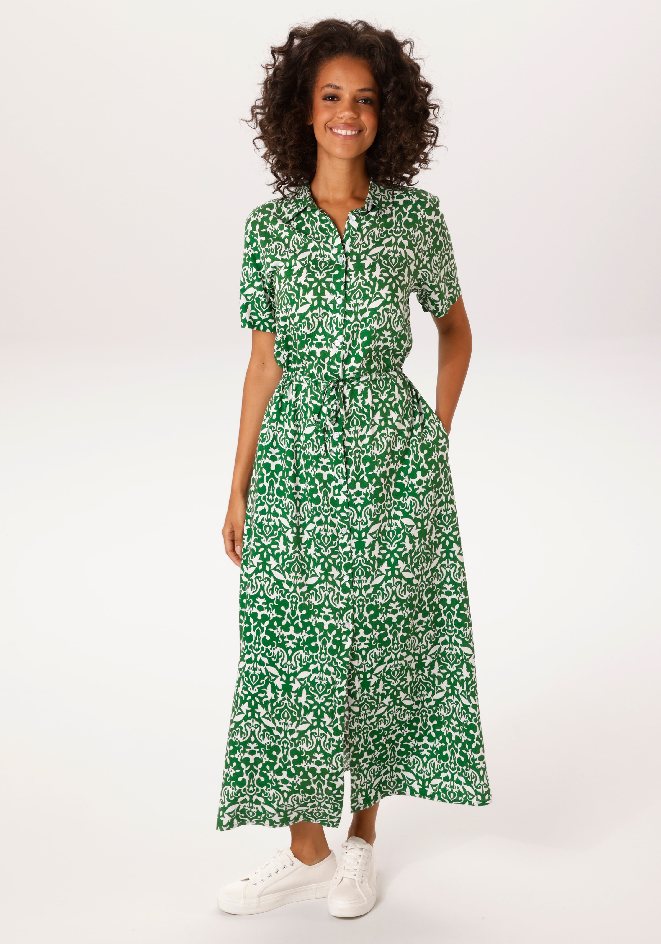 Aniston CASUAL Sommerkleid Eingrifftaschen mit Ornamenten und grafischen Blumen bedruckt - NEUE KOLLEKTION