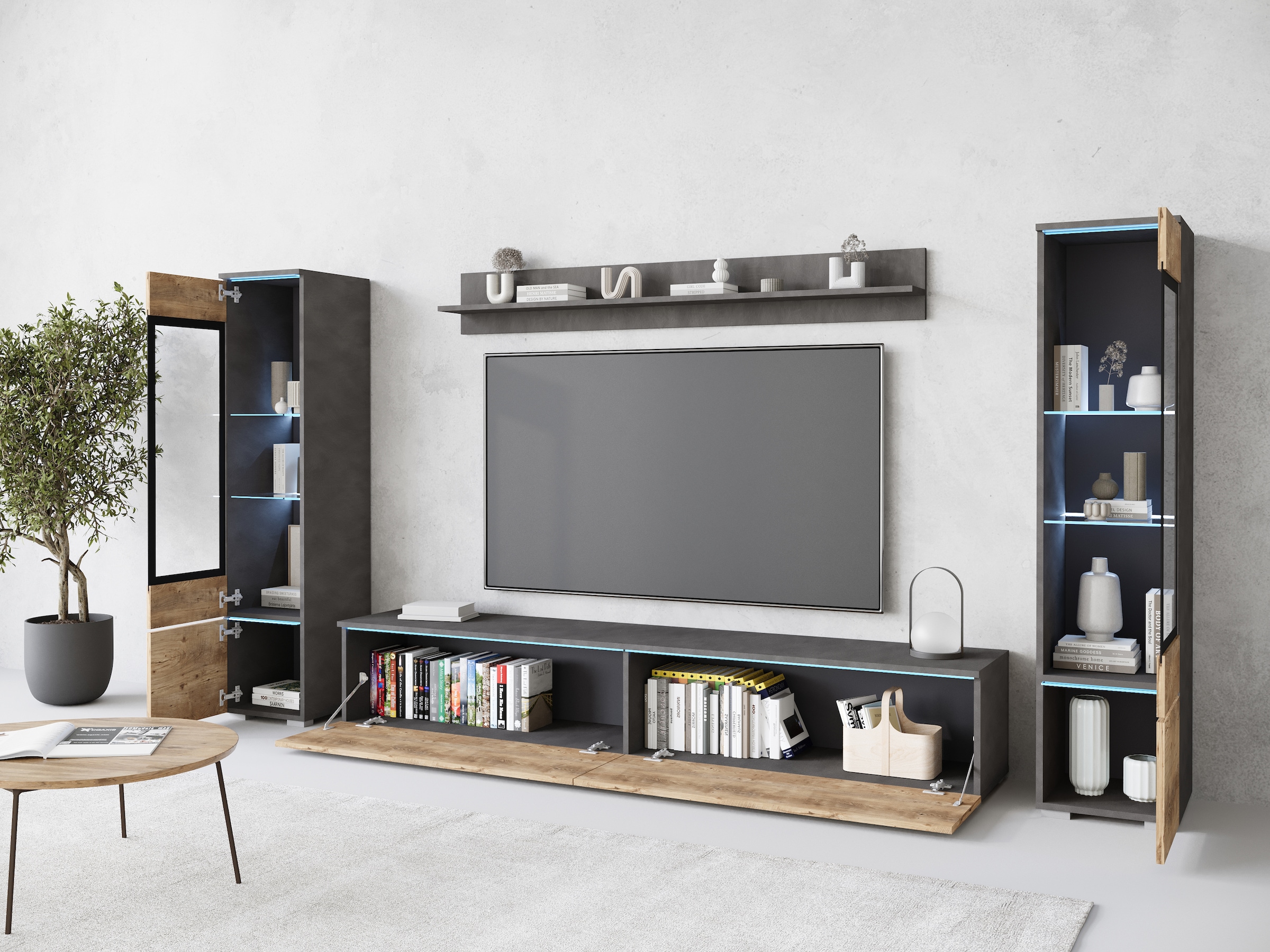 INOSIGN Wohnwand »VERA II, Vitrinen Türanschlag wechselbar«, (Komplett-Set, 4 St.), Mediawand 260 cm, Vitrine mit Verglasung, stehend und hängend