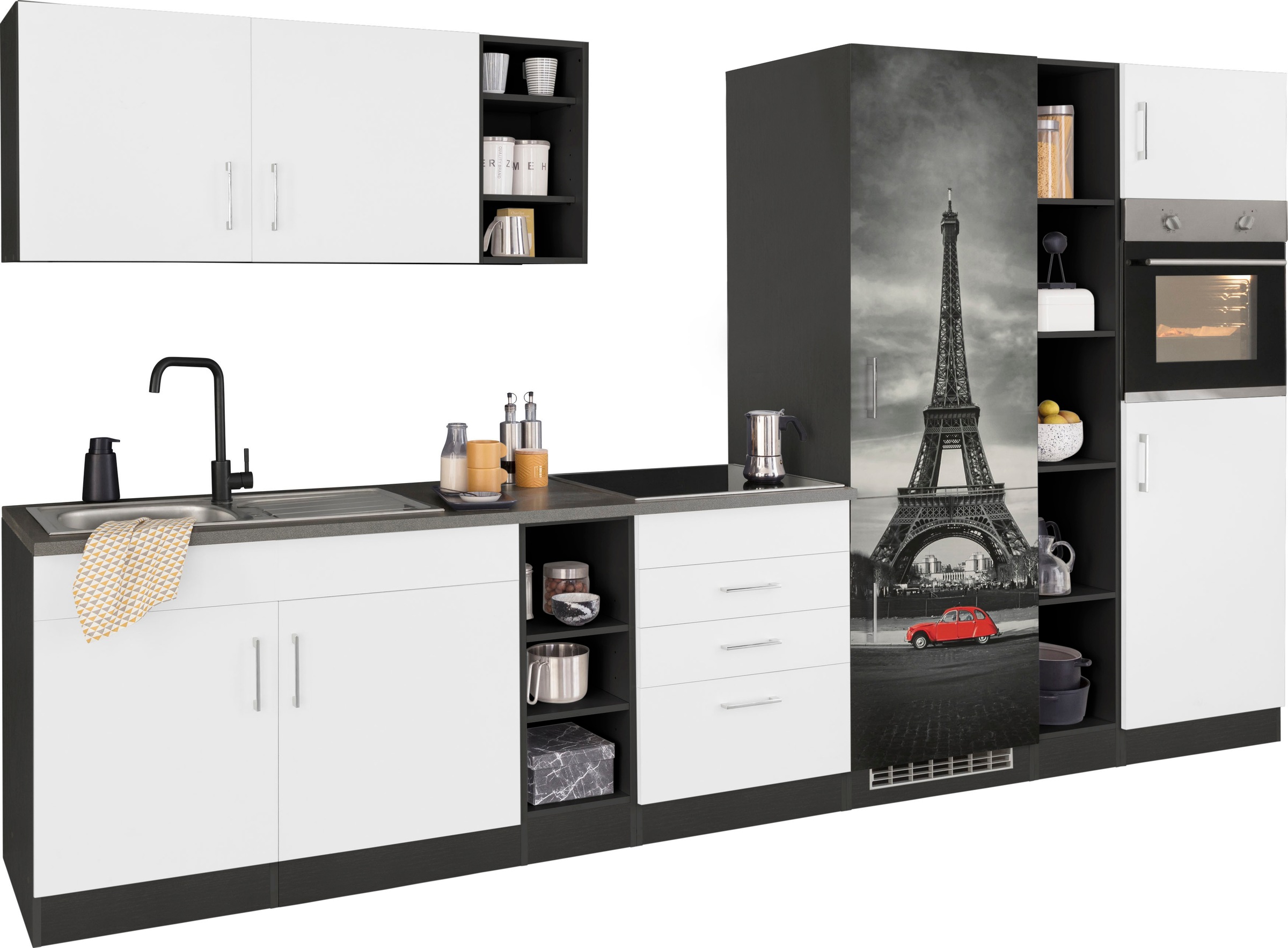 KOCHSTATION Küchenzeile »KS-Paris – Küchen mit einzigartigen Fotomotiven auf den Fronten« Breite 340 cm, wahlweise mit E-Geräten und Induktion