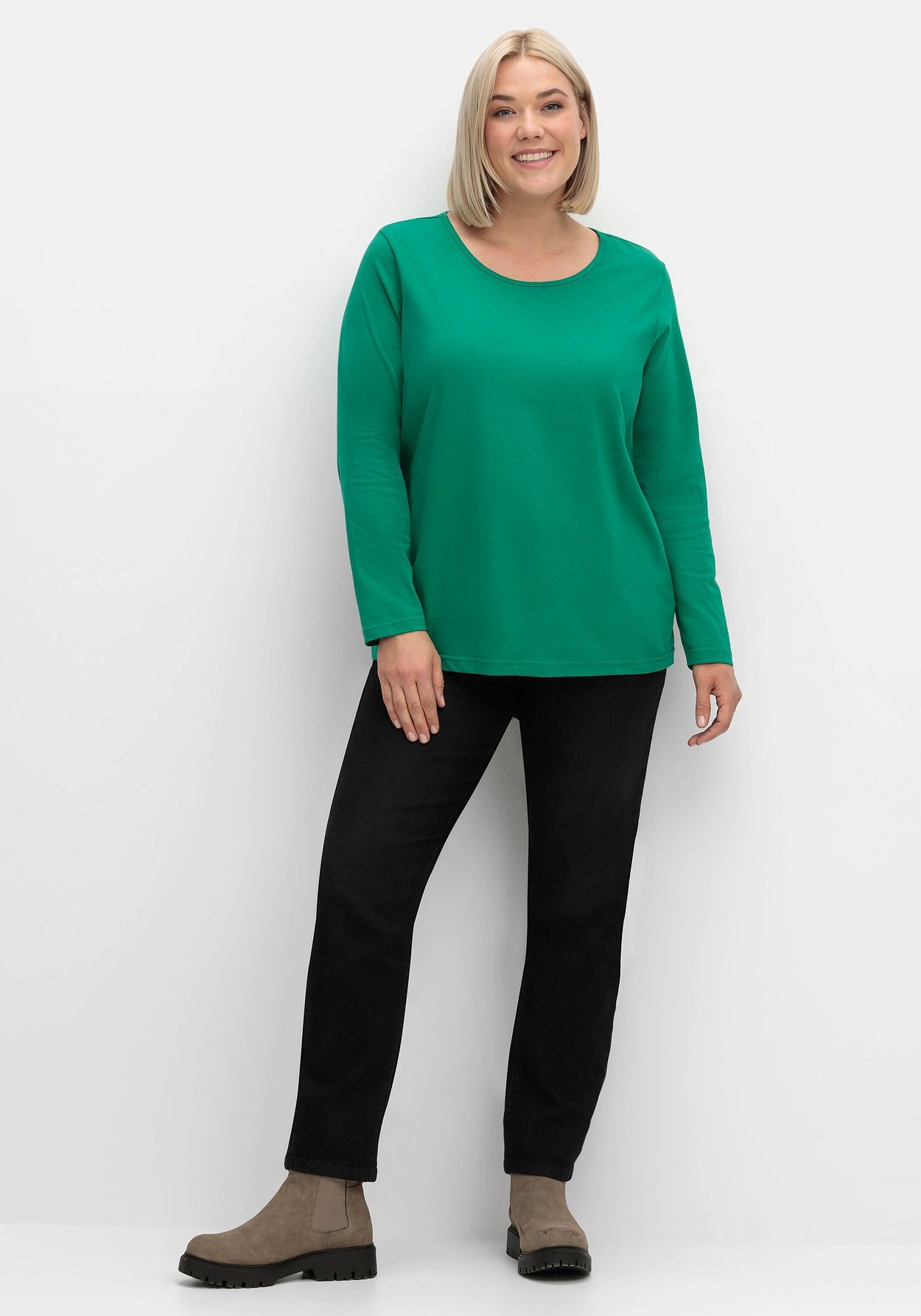 Sheego Langarmshirt »Langarmshirt mit Rundhalsausschnitt, aus Baumwolle«, mit Rundhalsausschnitt, aus Baumwolle
