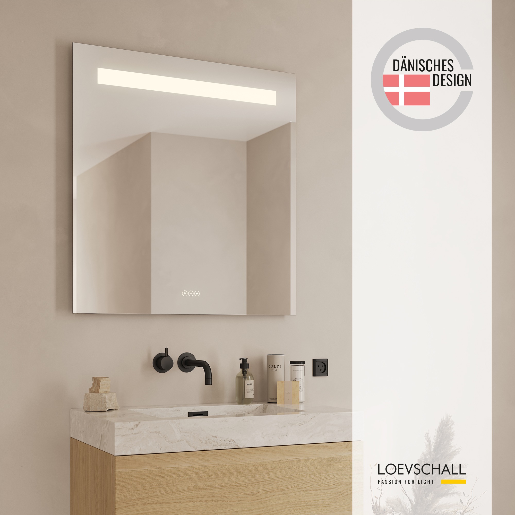 Loevschall Badspiegel »Lökken Quadratisch, Badzimmerspiegel mit LED Beleuchtung, Lichtspiegel«, Touchpanel für Lichtsteuerung, Verstellbarer Spiegel, Dänisches Design