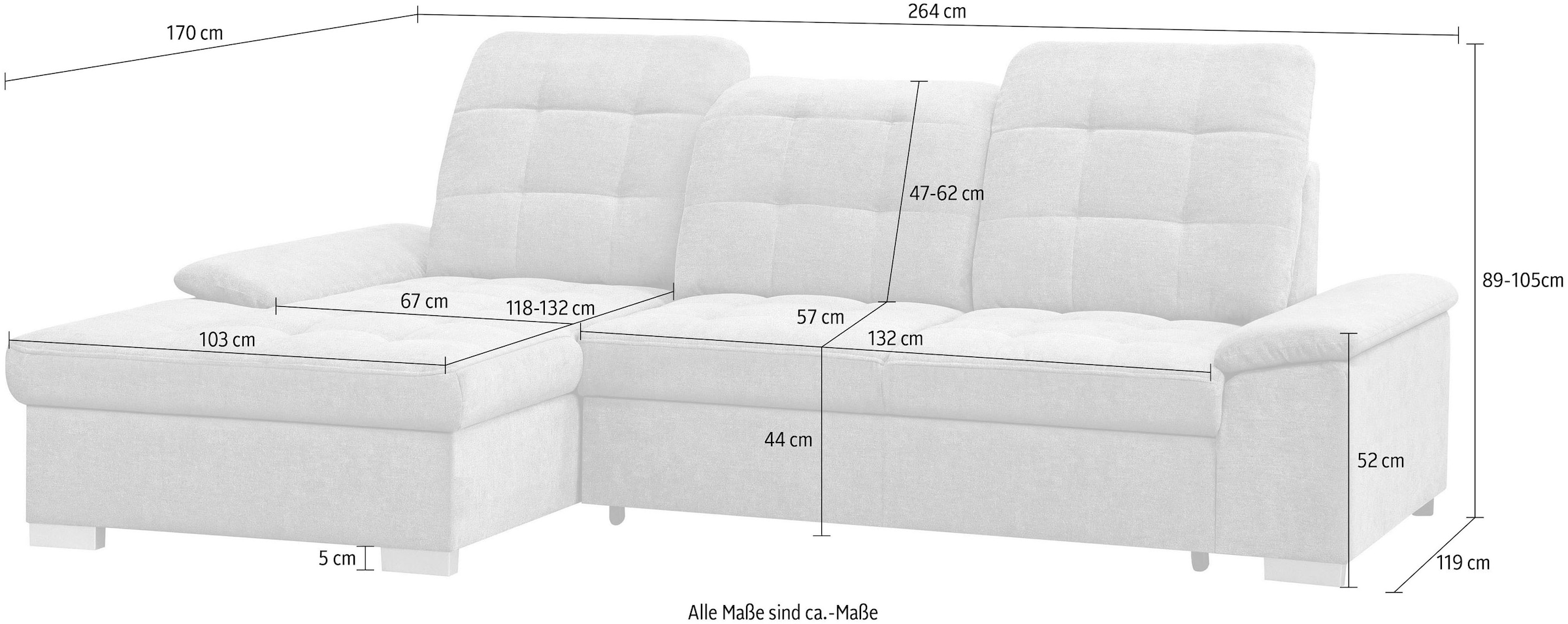 WERK2 Ecksofa »Carmen, 264 x 170 cm, mit Bettfunktion & Bettkasten, L-Form« inkl. Kopfteilverstellung, optional Sitztiefenverstellung