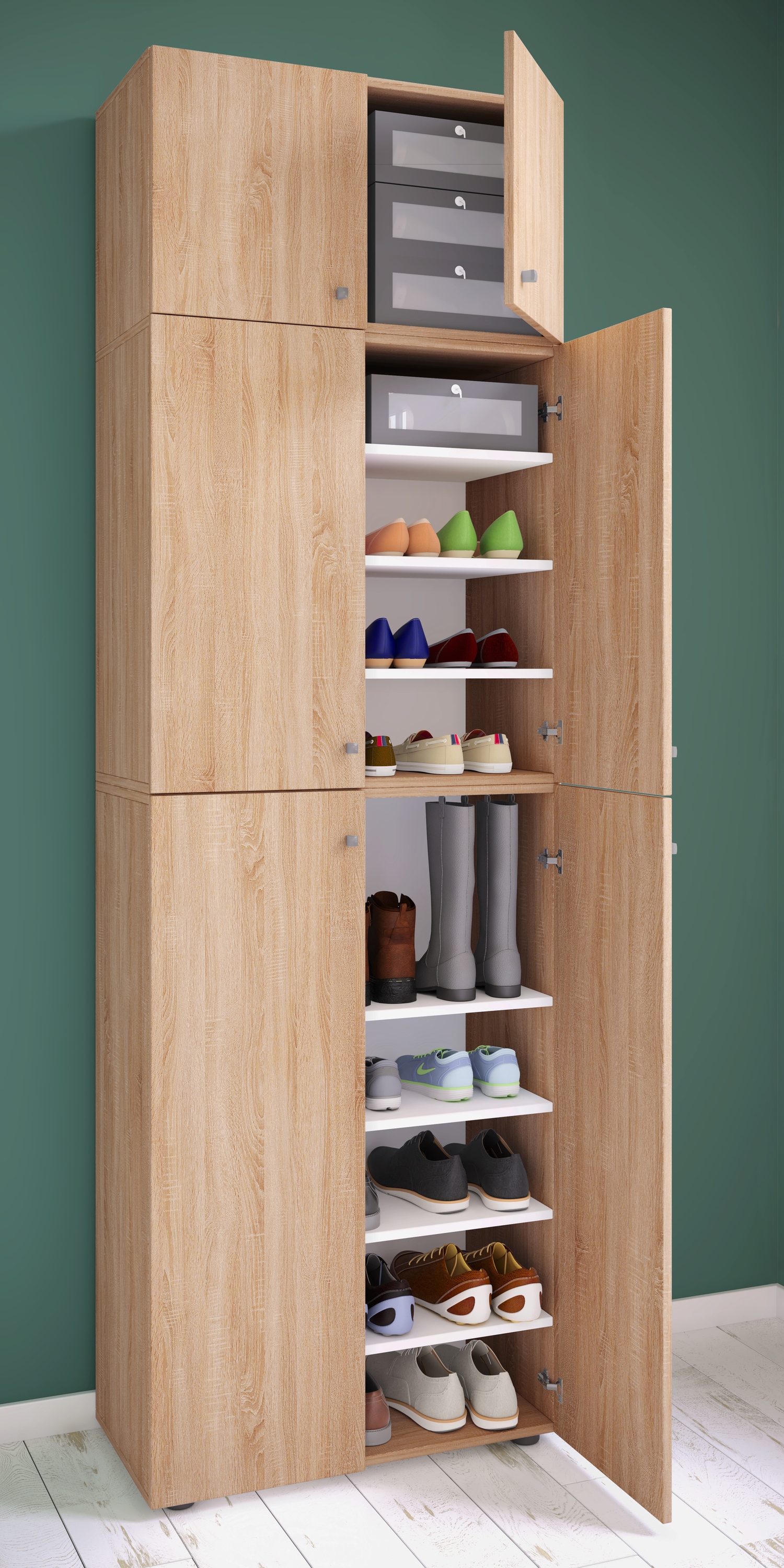 VCM Schuhschrank »VCM Holz-Schuhschrank | Maße: H. 200 x B. 70 x T. 39 cm | Allzweckschrank | 9 Fächer | 4 Drehtüren | Aufsatz mit 2 Türen ¿ Lona«, (1 St.)