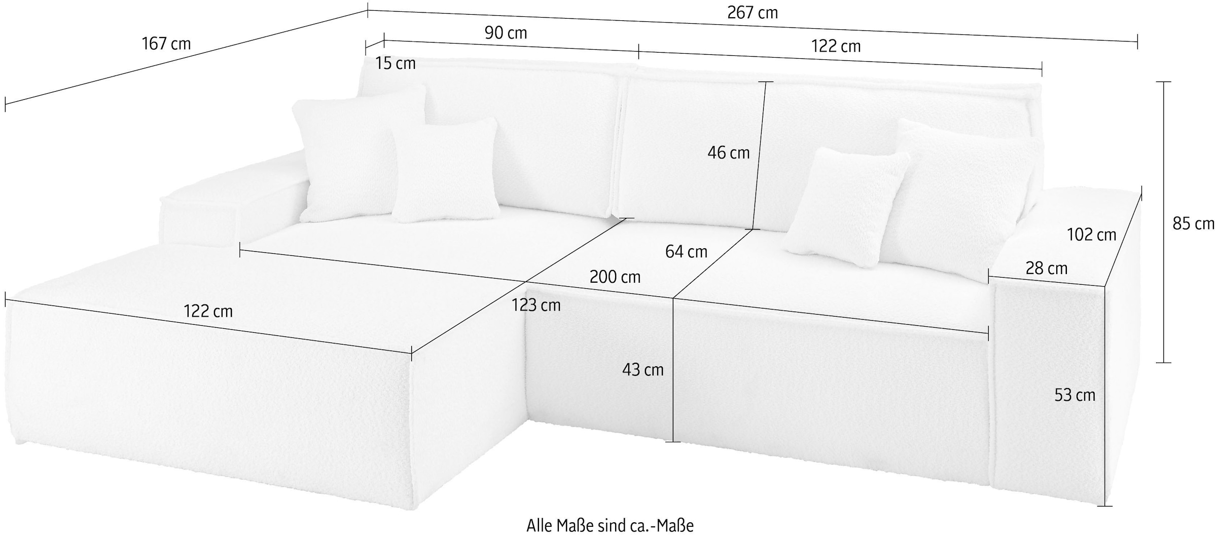 OTTO home Ecksofa »FINNLEY Schlafsofa 267 cm, L-Form mit Schlaffunktion & Bettkasten« verfügbar in den Stoffqualitäten Bouclé, Struktur fein und Mega Cord