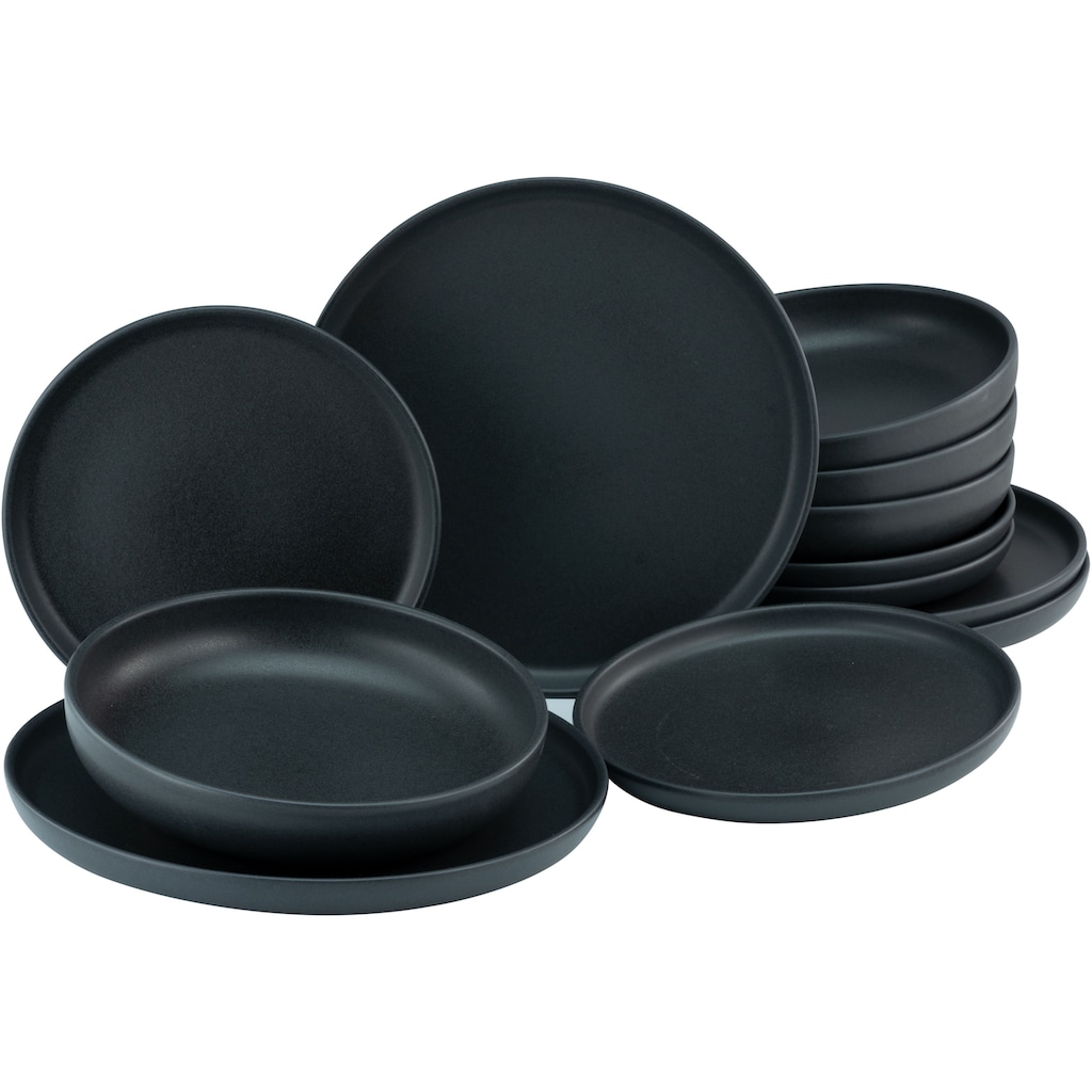 CreaTable Tafelservice »Geschirr-Set Uno Black«, (Set, 12 tlg., Teller Set für 4 Personen)