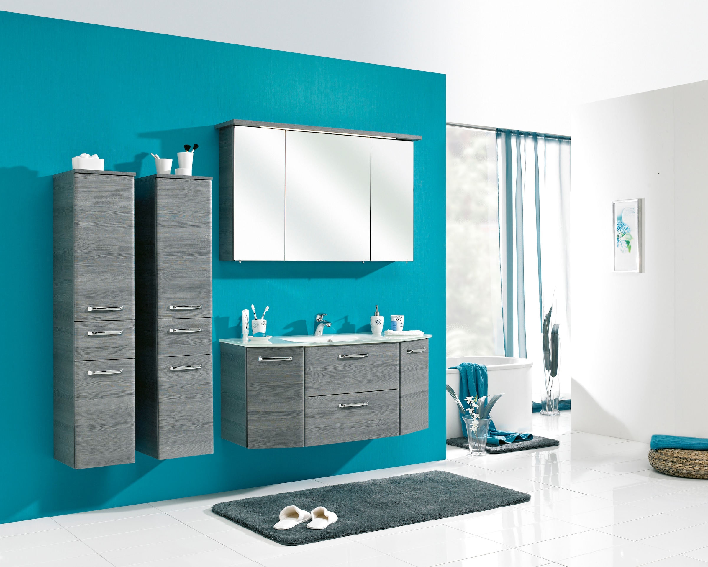 Saphir Waschtisch »Quickset Waschplatz inkl. Glaswaschtisch, 112 cm breit, 2 Türen«, Unterschrank mit Waschbecken, inkl. Türdämpfer, Griffe Chrom Glanz