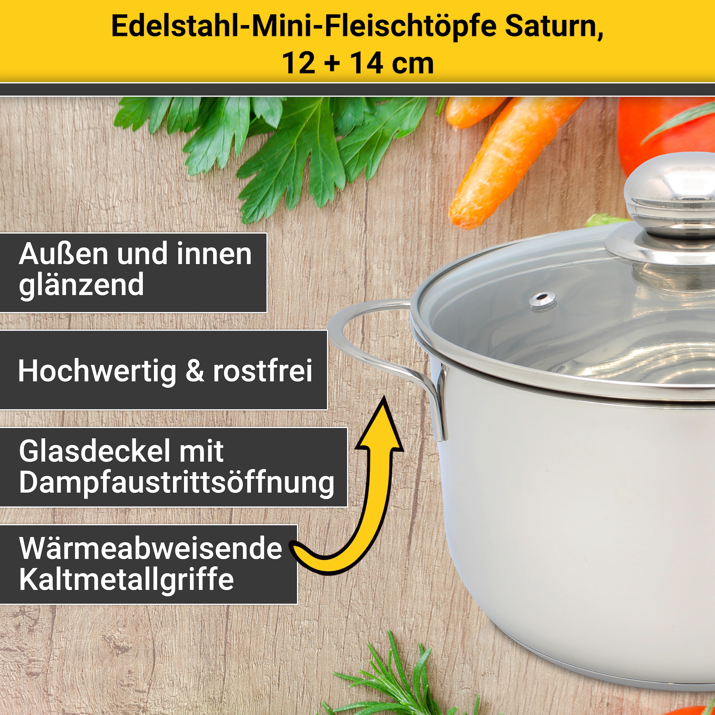 Krüger Topf-Set »Saturn«, Edelstahl, (Set, 2 tlg., 1x Fleischtopf Ø 12 cm, 1x Fleischtopf Ø 14 cm, je mit Deckel), für Induktions-Kochfelder geeignet