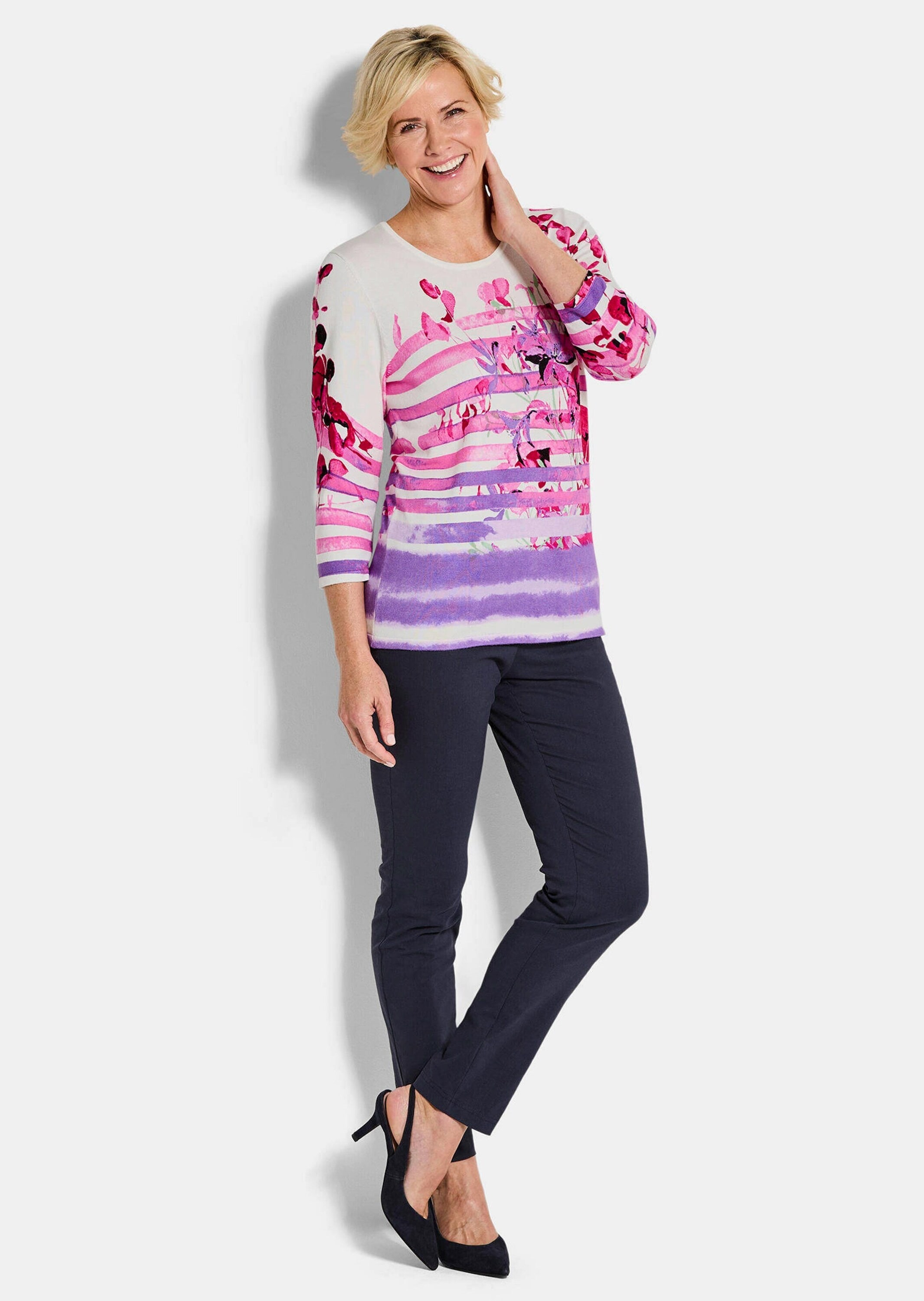 GOLDNER Rundhalspullover »Florales Viskoseshirt mit Streifen« Hautsympathische Garnquäität