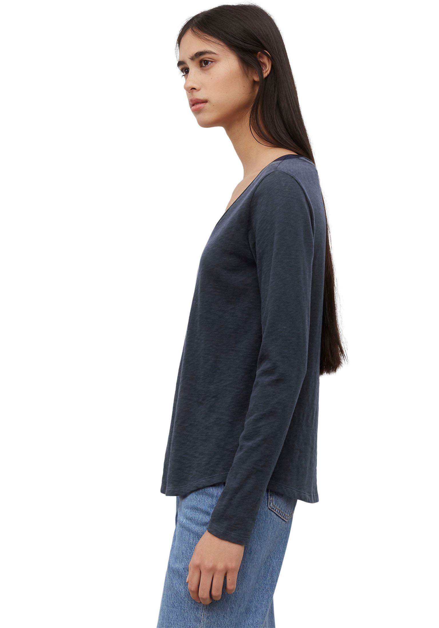Marc O'Polo DENIM Langarmshirt, mit Rollkante am V-Ausschnitt