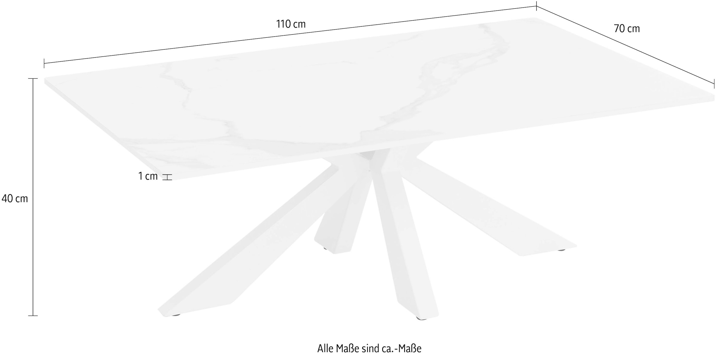 Stolkom Couchtisch »Noah Wohnzimmertisch Keramik, Weiß marmoriert, BxHxT 110x40x70 cm«, Keramikoberfläche weiß marmoriert, 4-Fuß Gestell in weiß