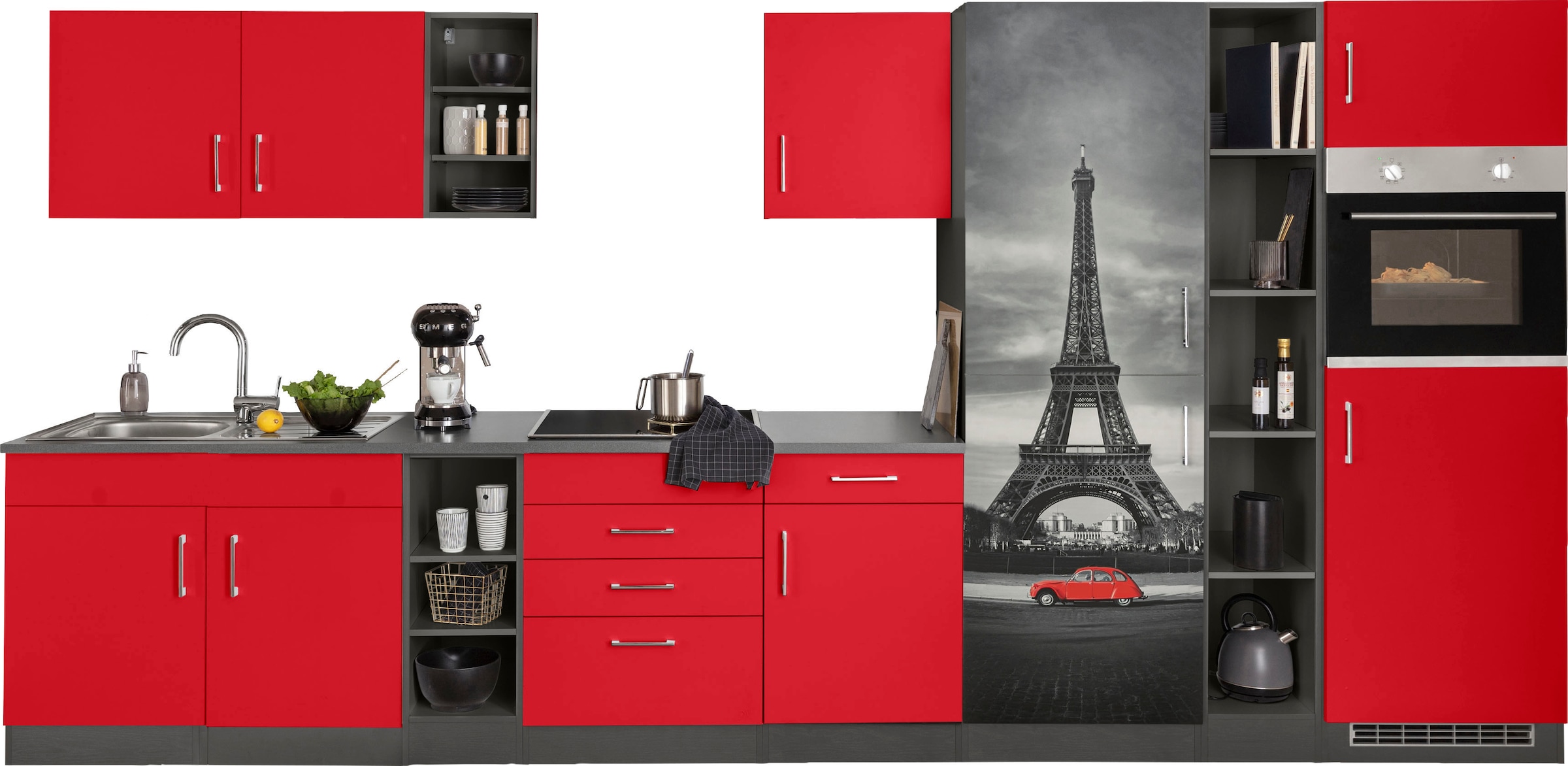 KOCHSTATION Küchenzeile »KS-Paris – Küchen mit einzigartigen Fotomotiven auf den Fronten« Breite 390 cm, wahlweise mit E-Geräten und Induktion