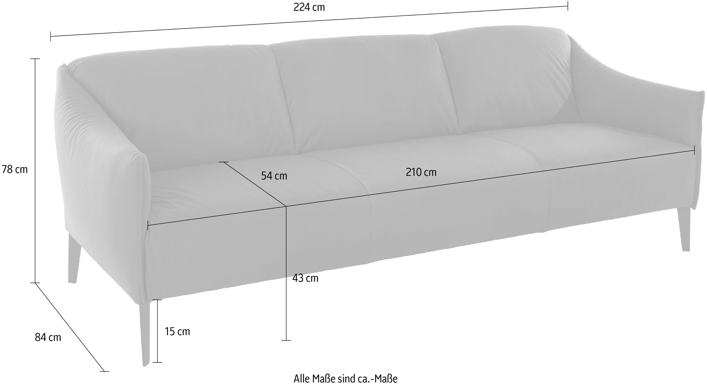 W.SCHILLIG 3-Sitzer »sally Design-Sofa, Loungesofa, bequem, schmale Armlehnen, Breite 224cm« mit Metallfüßen in Bronze pulverbeschichtet, Breite 224 cm