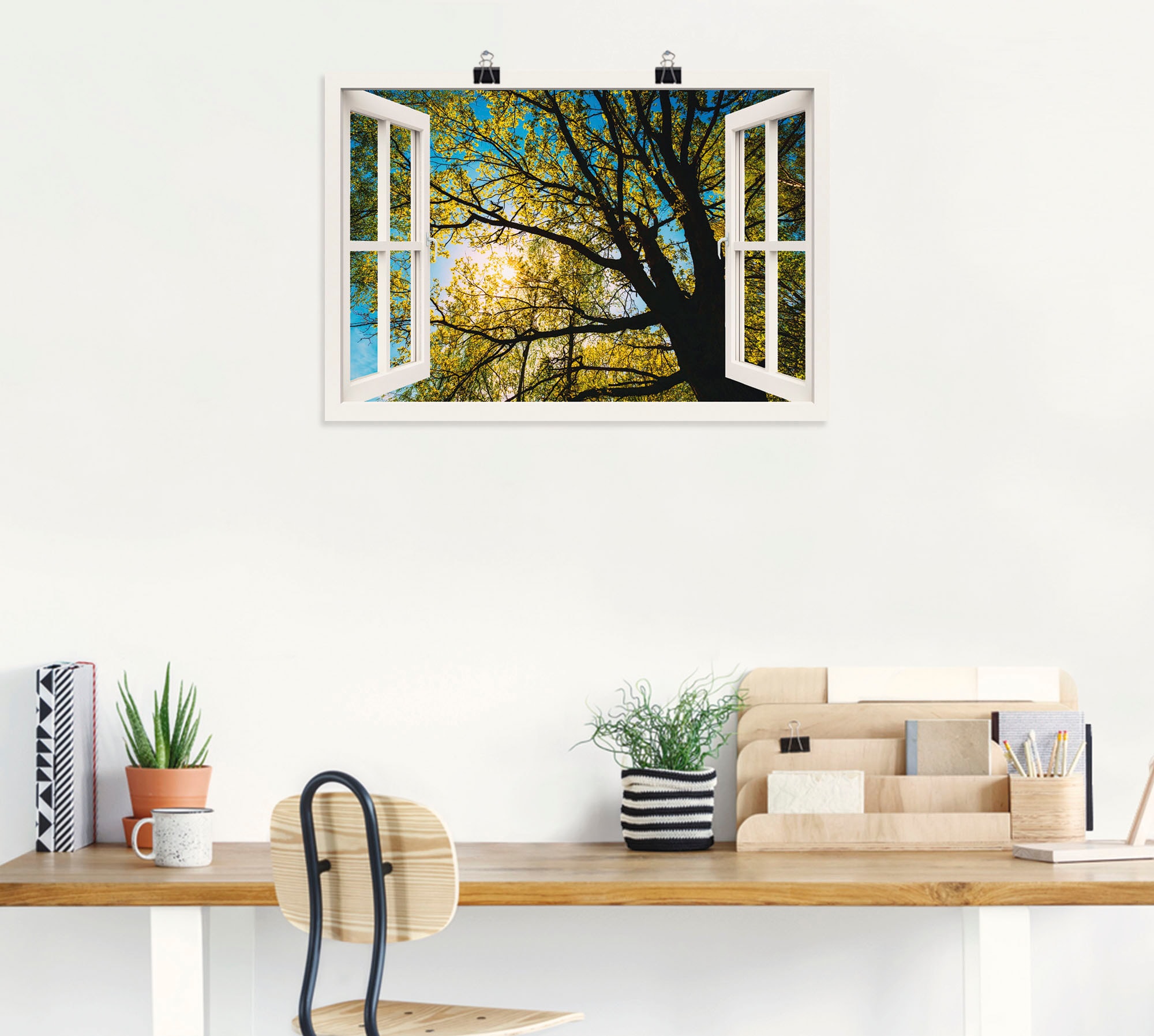 OTTO Wandbild in Größen Wandaufkleber Frühlingssonne St.), Artland Poster oder (1 Bäume, bei »Fensterblick Leinwandbild, versch. Baumkrone«, als Alubild,