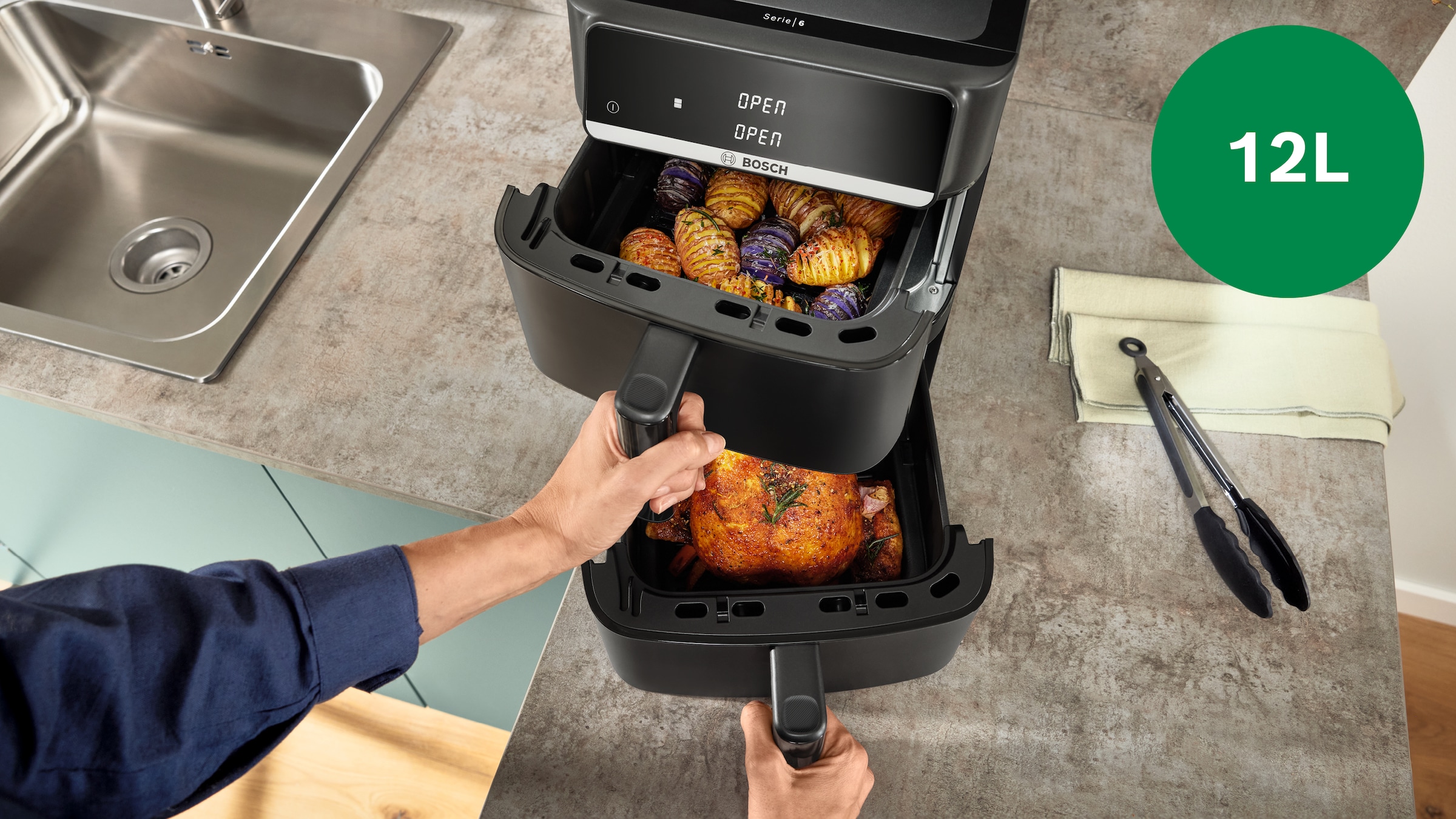 BOSCH Heißluftfritteuse »Serie 6 MAFD661B0, XXL Heißluftfritteuse, 12L, PFAS frei, Doppelkammer« 2800 W platzsparend, einfache Reinigung, weniger Fett, 6 Programme, schwarz