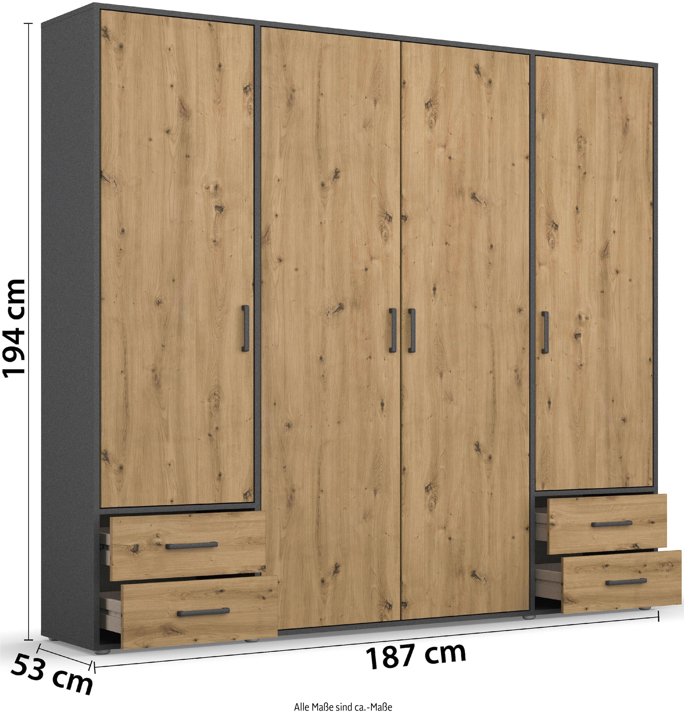 rauch Drehtürenschrank »Kleiderschrank Schrank Garderobe Wäscheschrank VOYAGER«, (in 3 verschiedenen Ausstattungen BASIC/CLASSIC/PREMIUM), moderne Griffe in Graumetallic mit Außenschubkästen MADE IN GERMANY