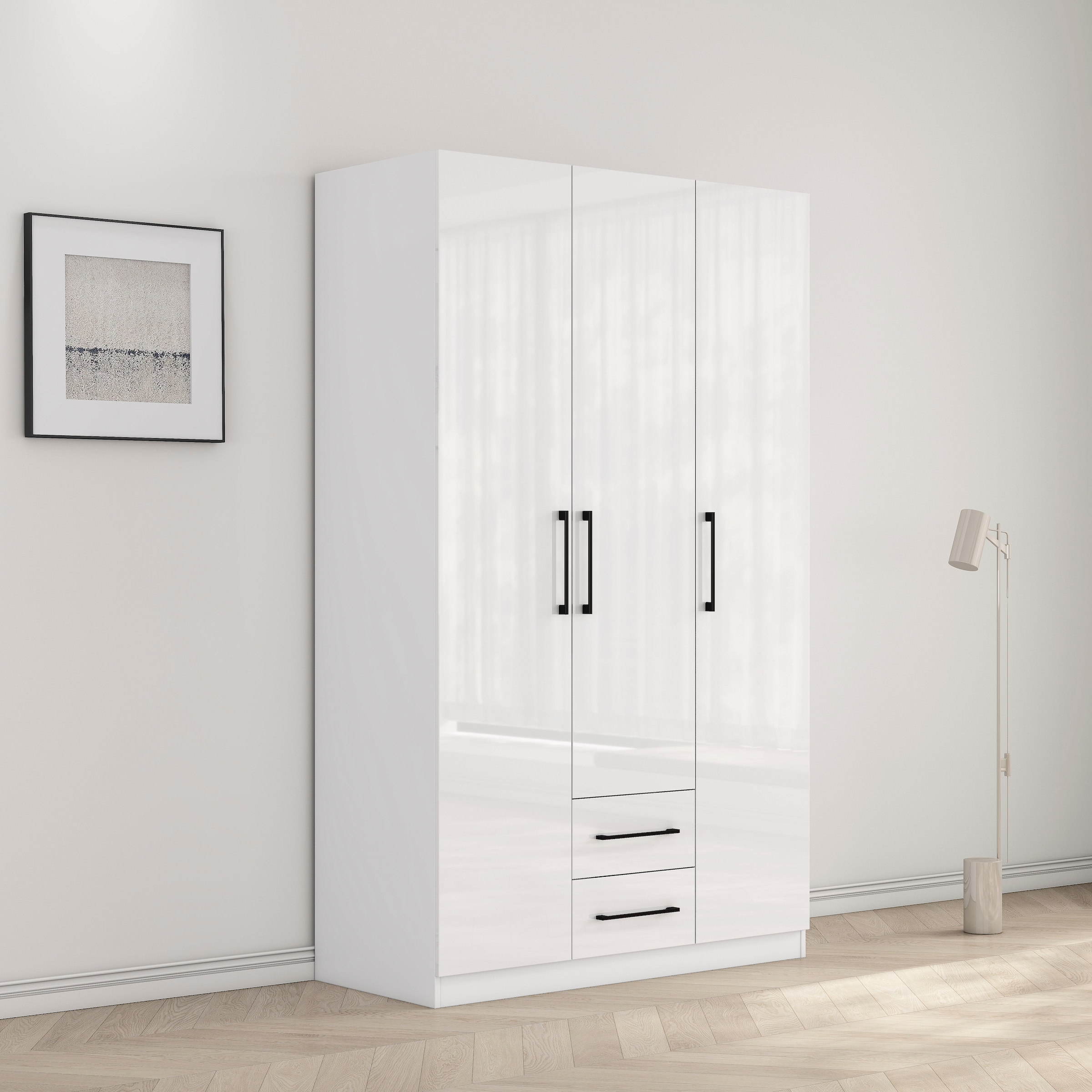 OTTO home Kleiderschrank »Sylt Schlafzimmerschrank Garderobe Schrank hochglanz« hochwertige schwarze Metallgriffe,  Drehtürenschrank mit perfekter Innenausstattung, Breite 120cm