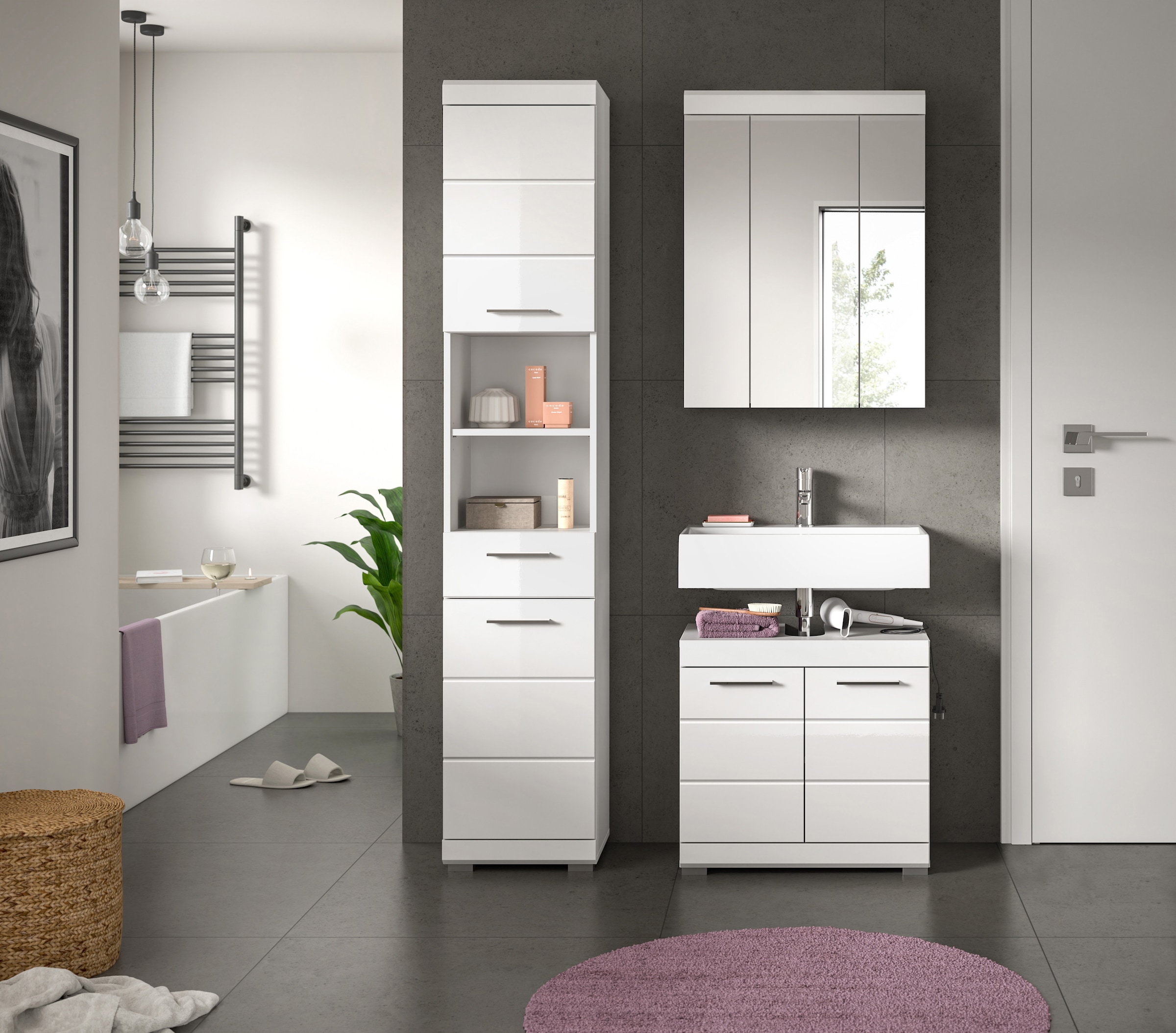 INOSIGN Badmöbel-Set »Siena, 3 teilig, bestehend aus:«, (Set, 3 St., TOPSELLER!), Hochschrank, Waschbeckenunterschrank, Spiegelschrank