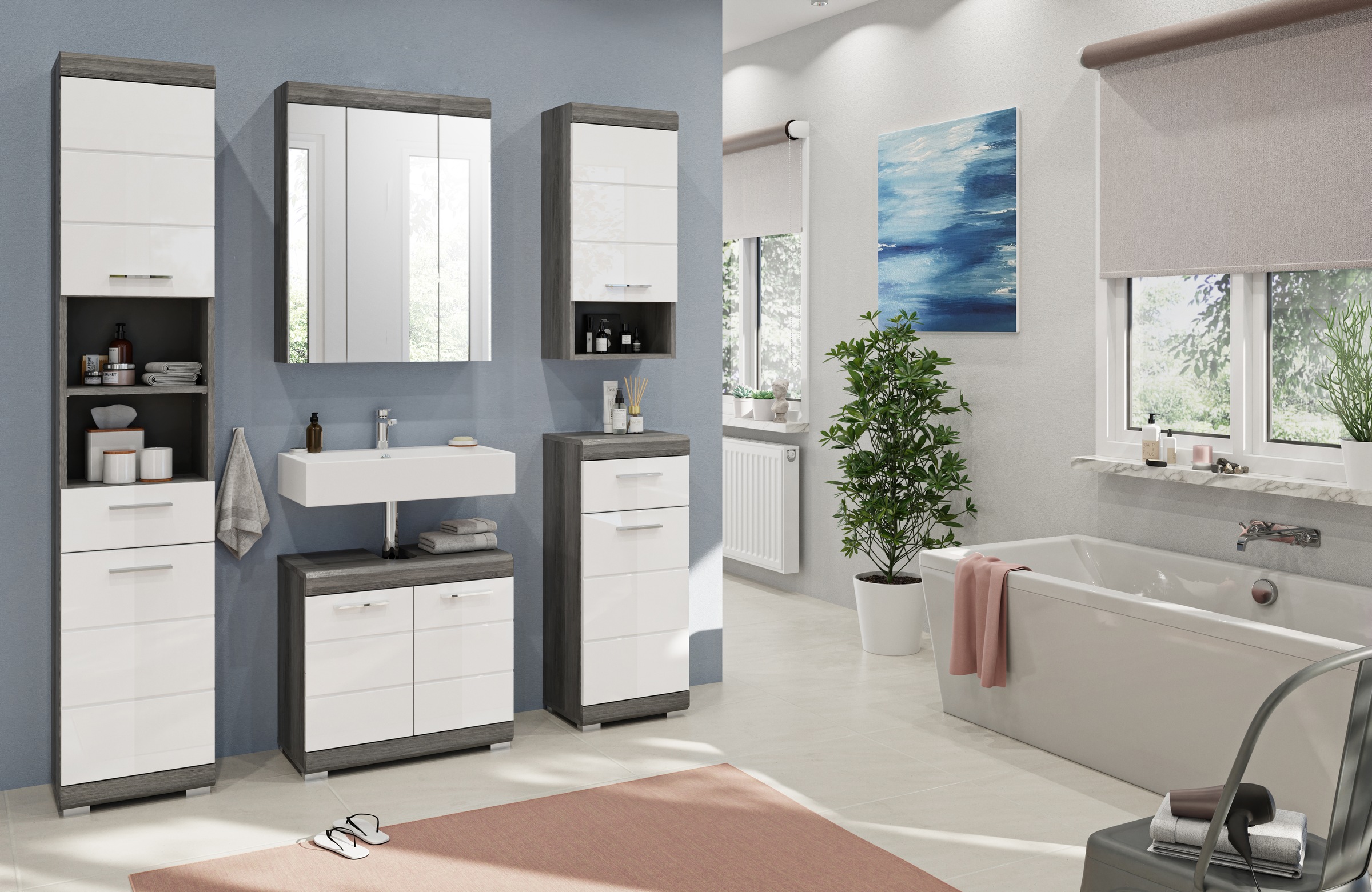 INOSIGN Badmöbel-Set »Siena, 5 teilig, bestehend aus:«, (Set, 5 St.), Hochschrank, WBU, Spiegelschrank, Unterschrank, Hängeschrank
