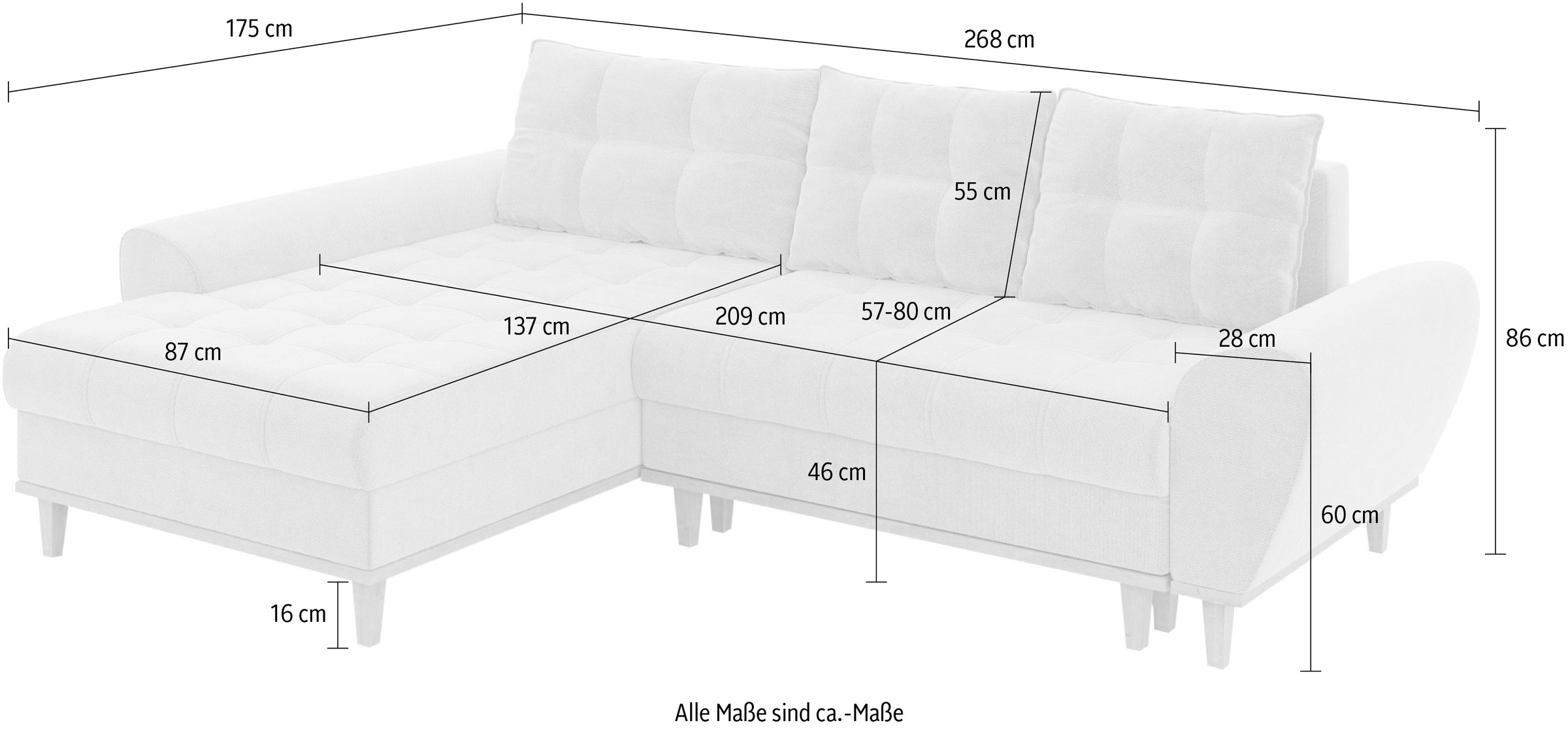 Home affaire Ecksofa »Ahrdorf mit Bettfunktion und Bettkasten, Maße: B/H/T 268/86/175 cm«, L-Form mit 3 Rückenkissen und moderne gerundete Armlehnen
