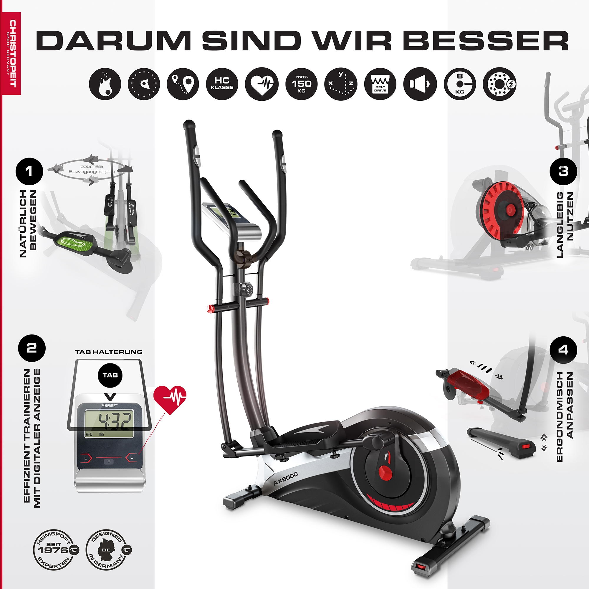Christopeit Sport® Crosstrainer »AX 6000«, Schwungmasse ca. 8 kg, 10 Widerstandsstufen