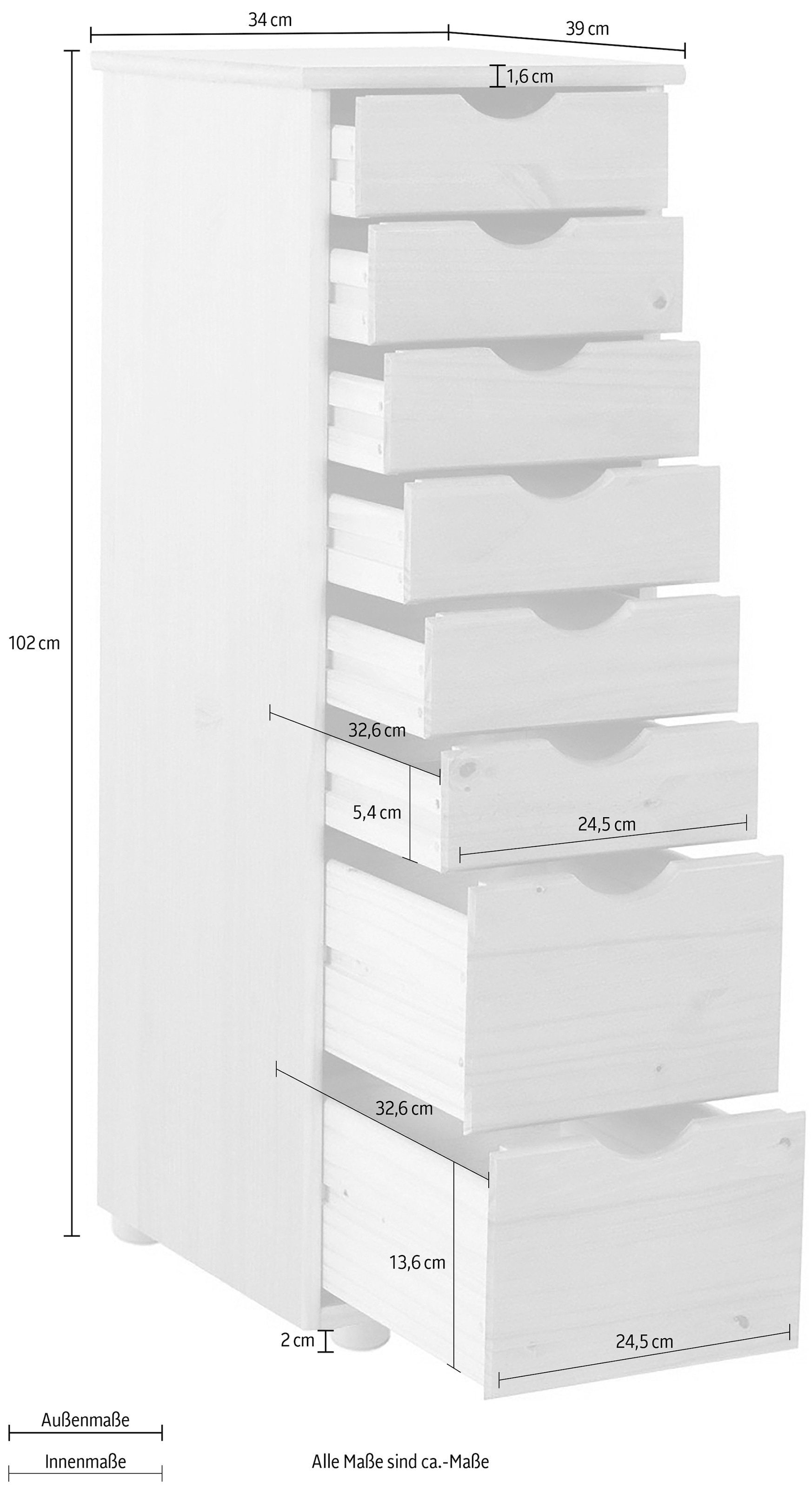 INOSIGN Kommode »Gava«, massives Kiefernholz, mit vielen Stauraummöglichkeiten, Breite 34 cm