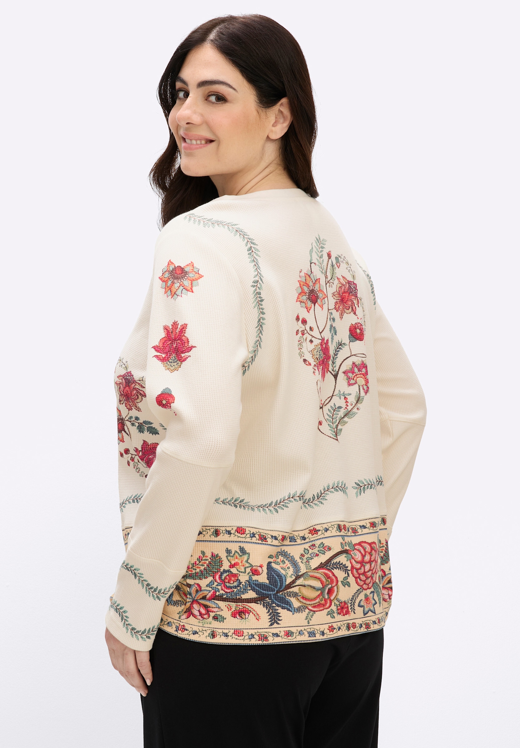 sheego by Joe Browns T-Shirt »Langarm-Shirt Langarmshirt mit Blumendruck und Holzknöpfen«