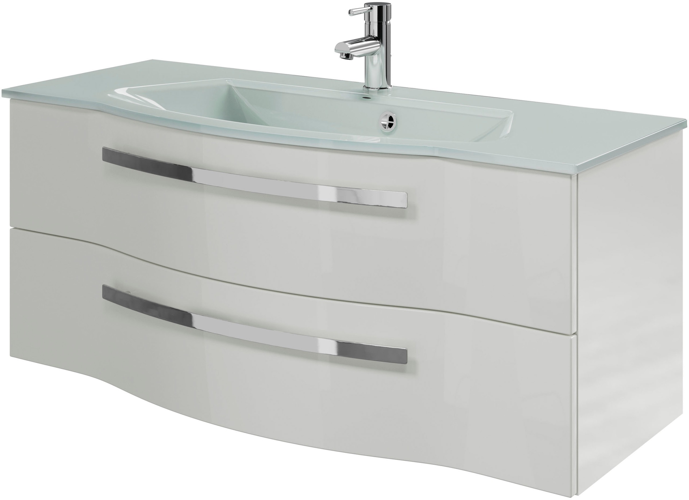 Saphir Badmöbel-Set »Serie 4005, vormontiert, Glaswaschbecken, Spiegelschrank«, (Set, 6 St.), Badezimmer-Set mit Unterschrank, Hängeschrank, Midischrank, Türdämpfer