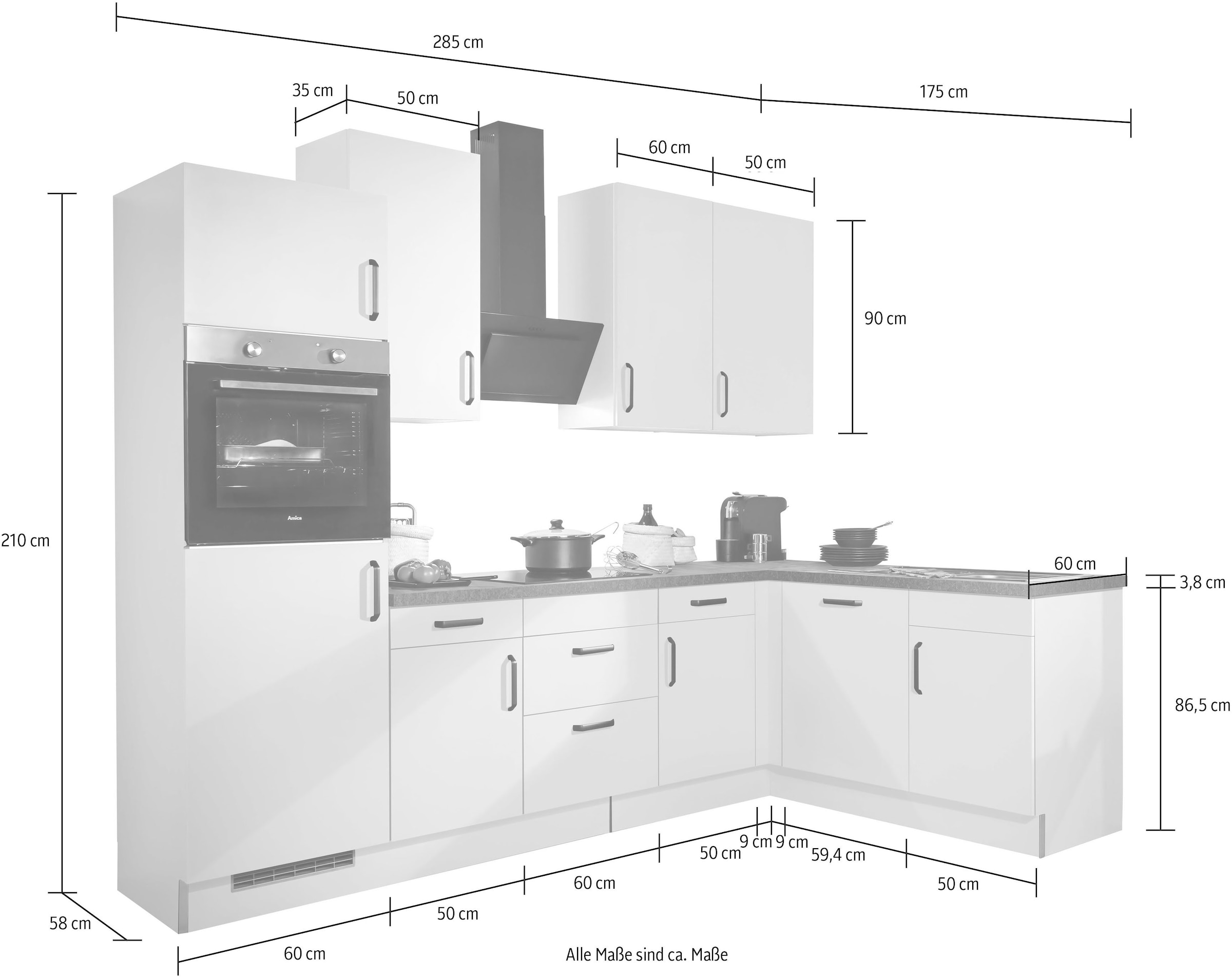 wiho Küchen Winkelküche »"Simi", mit verstellbaren Füßen, wahlweise mit E-Geräten«, Soft-Close-Funktion in Schubkästen & Auszügen, Stellbreite 285/175 cm