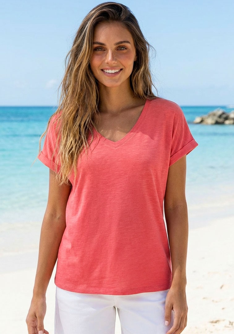 Beachtime V-Shirt »mit fixiertem Ärmelumschlag« 2 aus elastischer Viskose-Qualität