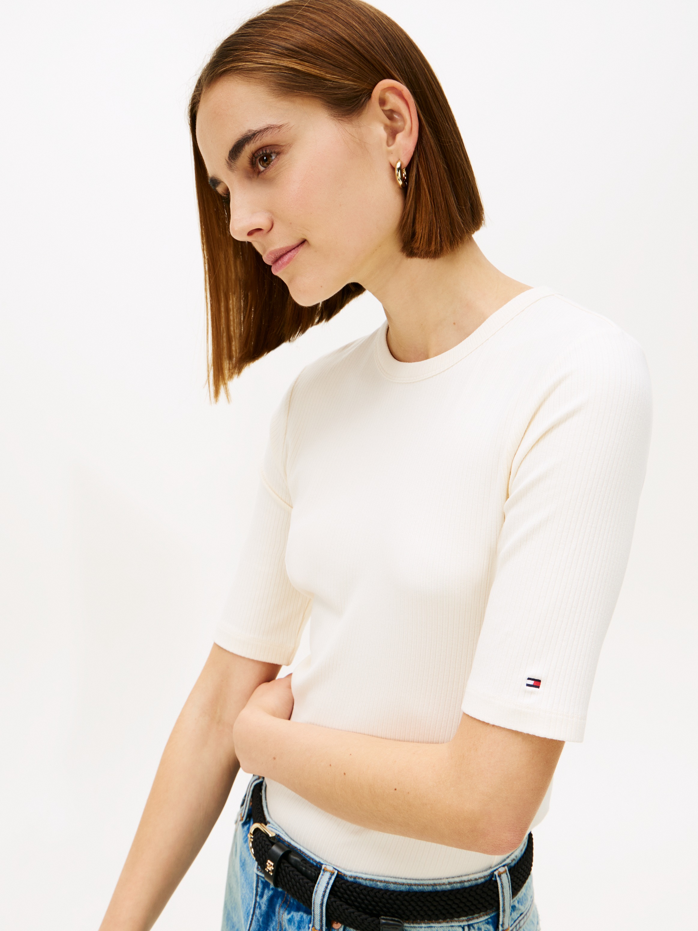 Tommy Hilfiger Kurzarmshirt »SLIM 5X2 RIB C-NK 1/2 SLV mit Rundhals und Rippstruktur« unifarben, casual, slim fit, Viskosemix, Rundhals