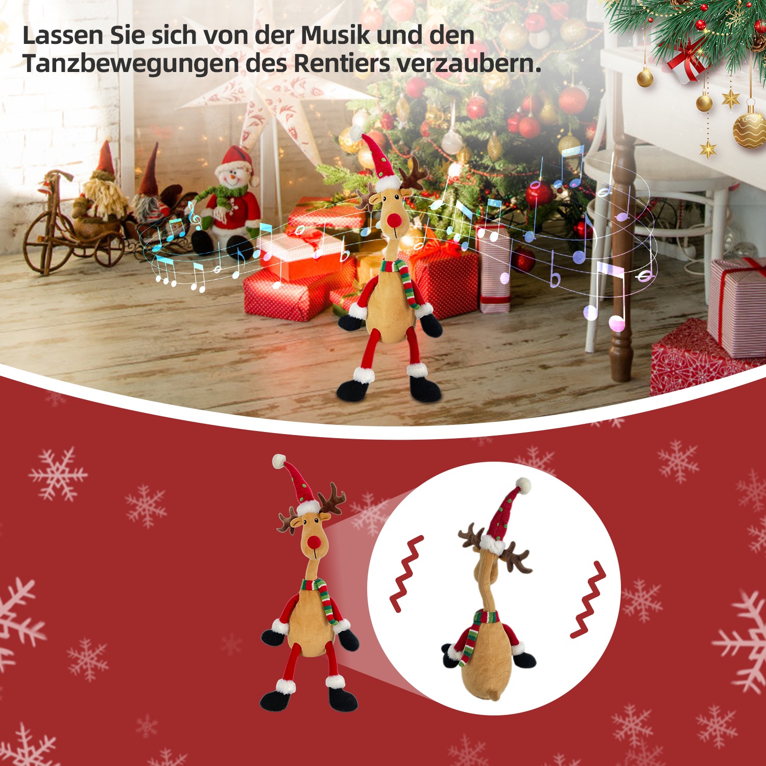 SHX Weihnachtsfigur »Singendes und schaukelndes Rentier«, Bewegung, lebhafte Musik, Schallsensor