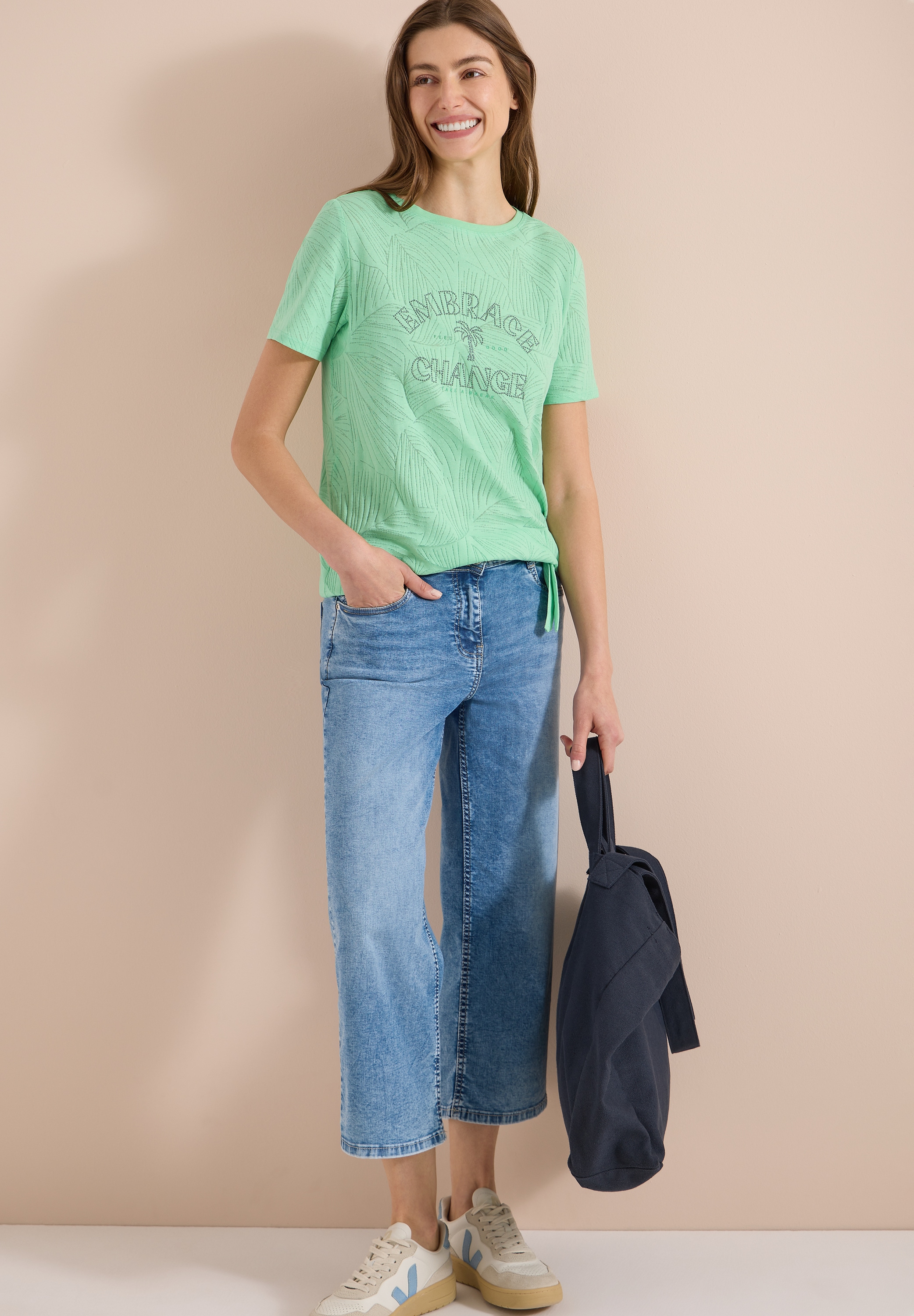 Cecil Rundhalsshirt Sommershirt im Ausbrenner-Look mit Wording