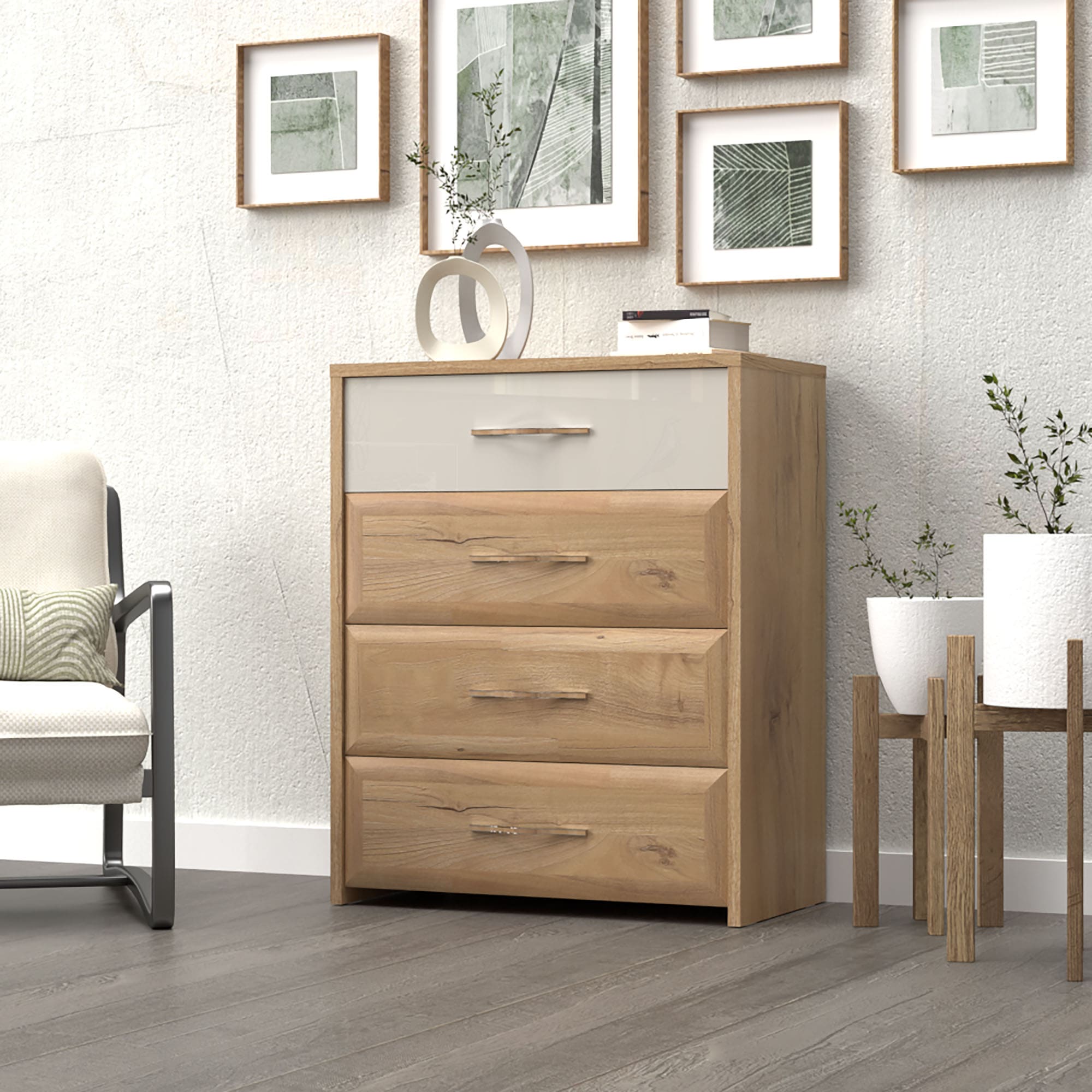 Home affaire Schubkastenkommode »Gala, melaminbeschichtet,1 Schublade beige hochglänzend UV lackiert«, (Soft-Close Funktion, Maße: B/T/H 86/46/105cm), mit 4 Schubladen, klassische Rahmenoptik, FSC-zertifiziert